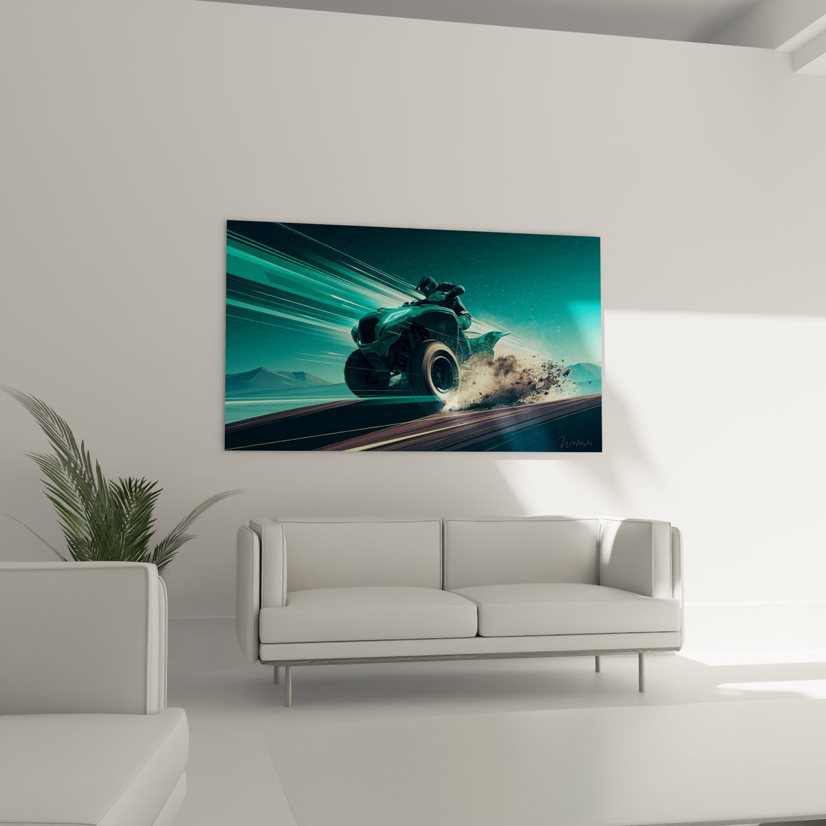 Machine turquoise et sable projetant de la poussière, accrochée au-dessus d'un canapé dans un salon lumineux