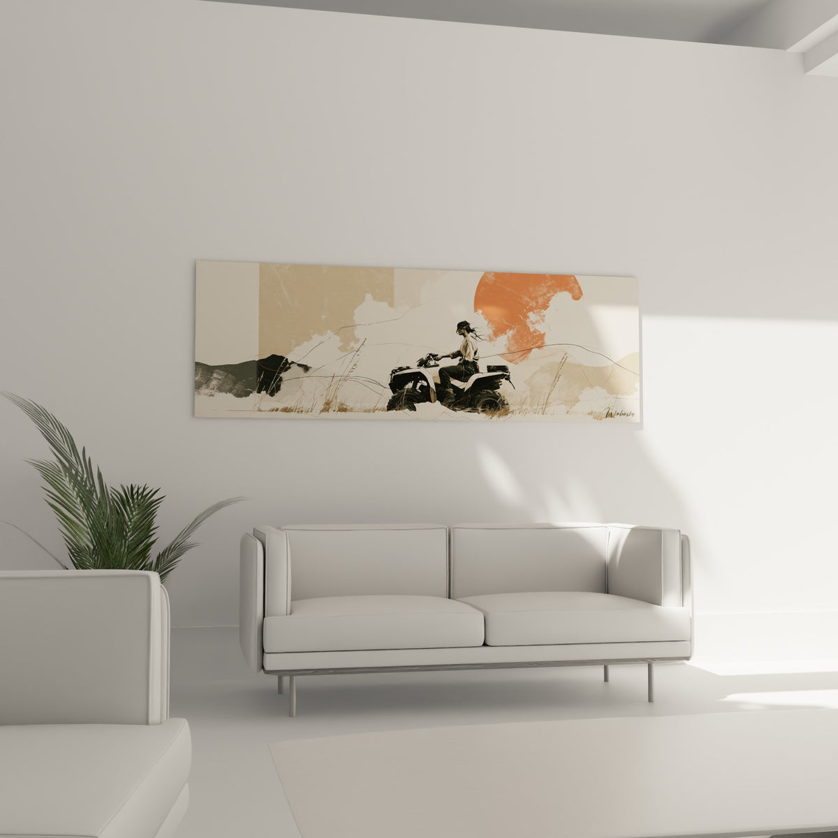 Silhouette d'un pilote de quad noir sous un ciel beige et orangé, au-dessus d'un canapé dans un salon lumineux
