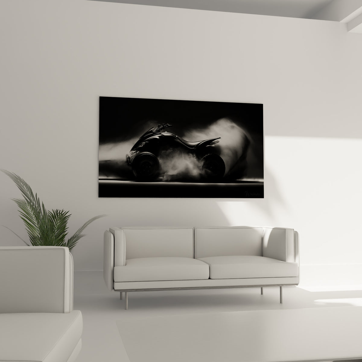 Véhicule tout-terrain anthracite jaillissant de volutes blanches, accroché au-dessus d'un canapé dans un salon lumineux