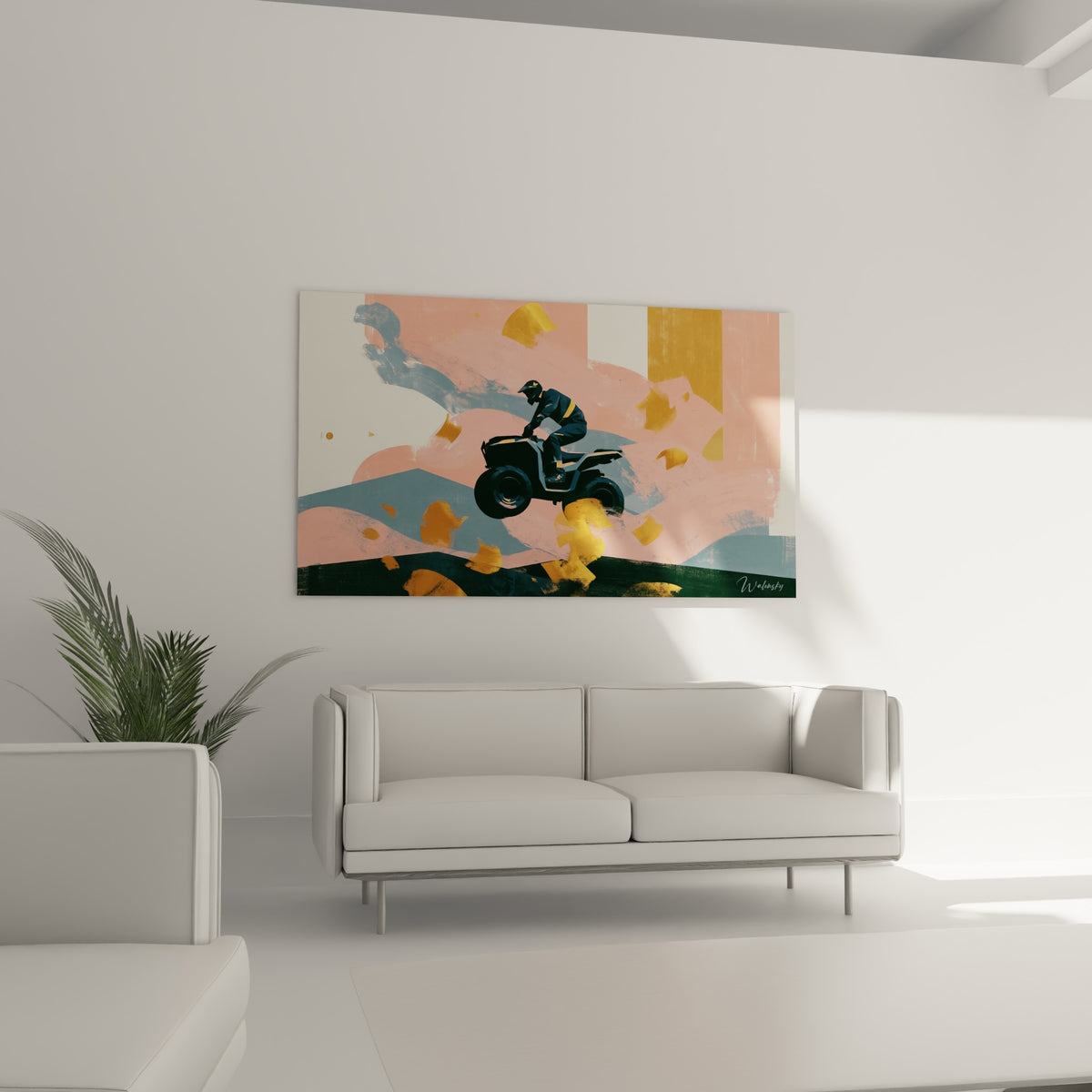 Silhouette de quad et pilote sur fond rose et bleu, touches dorées, au-dessus d'un canapé dans un salon lumineux