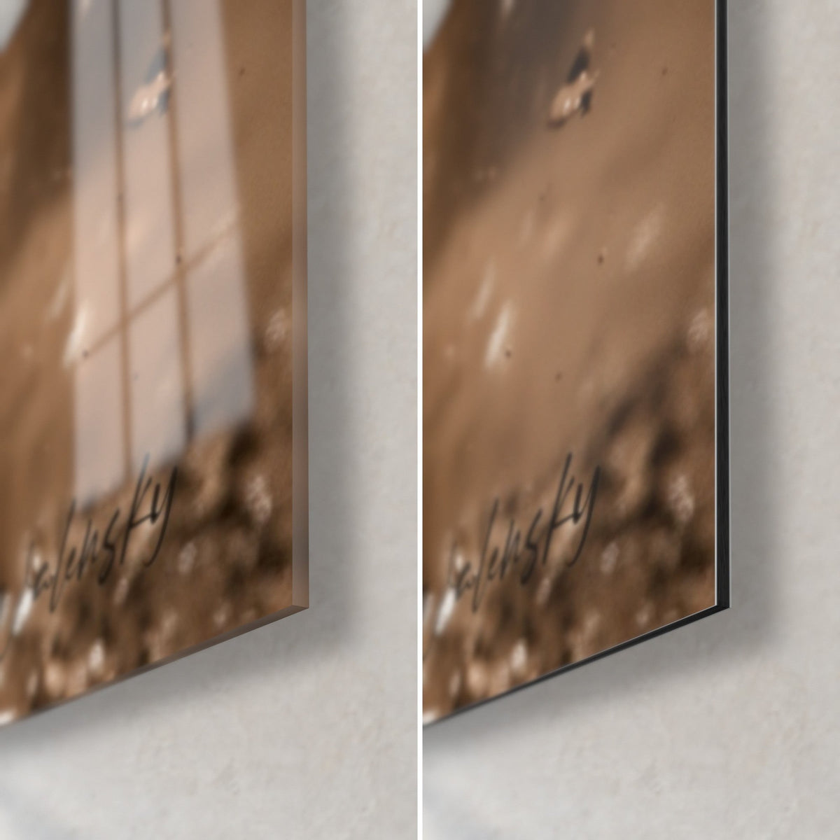 Wall art muddy quad, bottom right corner: glossy acrylic glass with reflections and matte brown aluminium Dibond, slim 3 mm edge