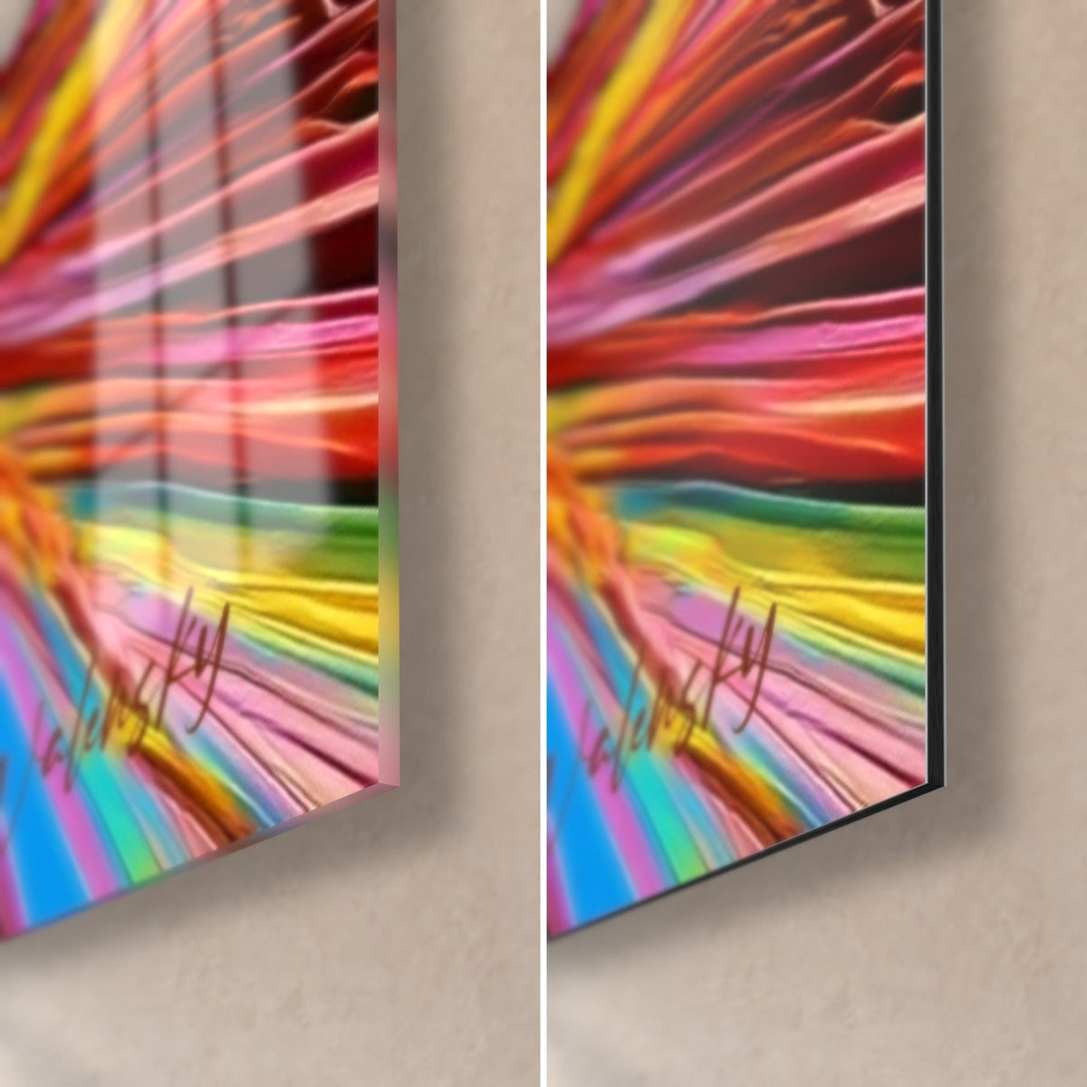 Wall art quad rider in camouflage gear, bottom right corner: glossy acrylic glass with pink and yellow reflections, matte black Dibond