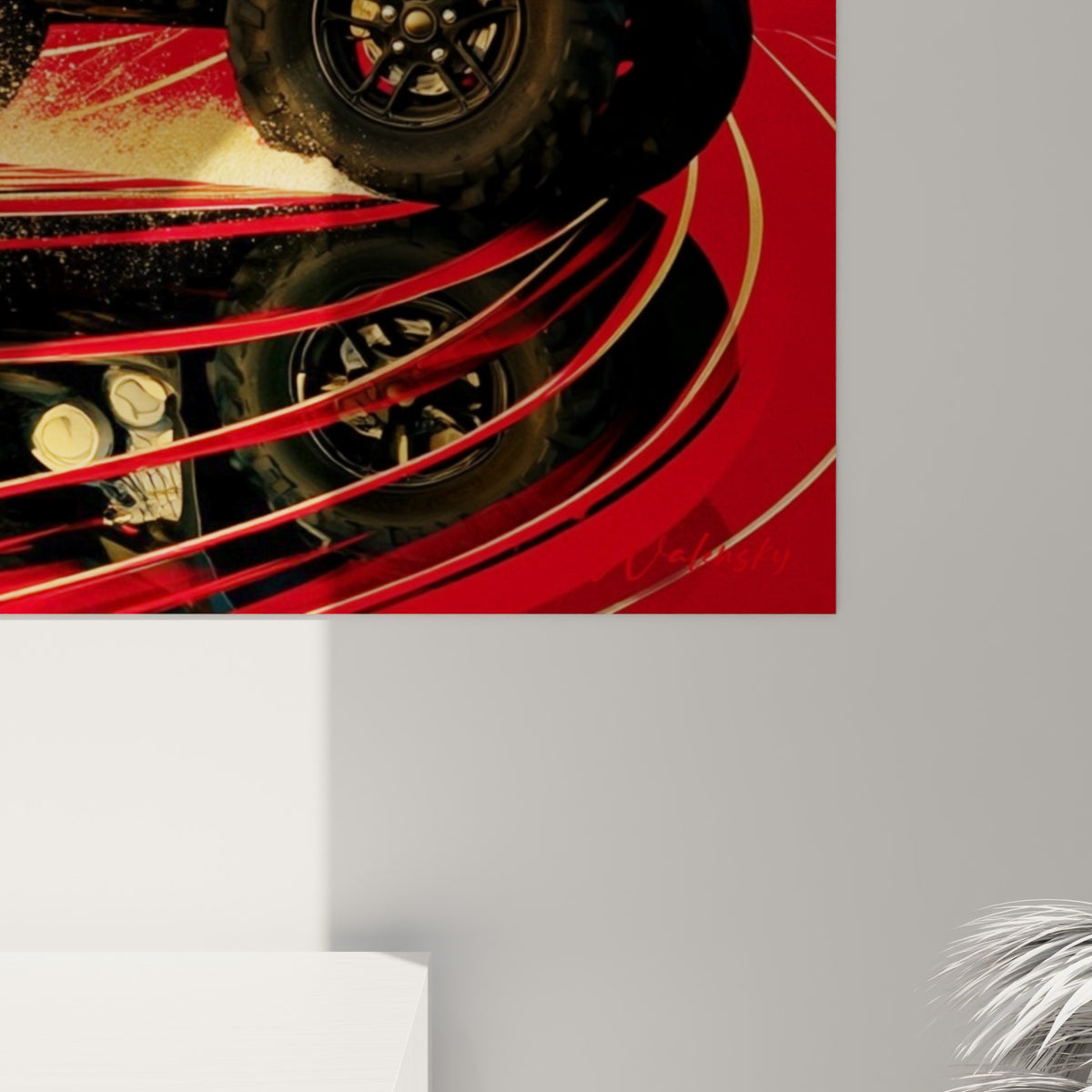Détail des empâtements dorés et coulures rouges qui composent le tourbillon derrière le quad