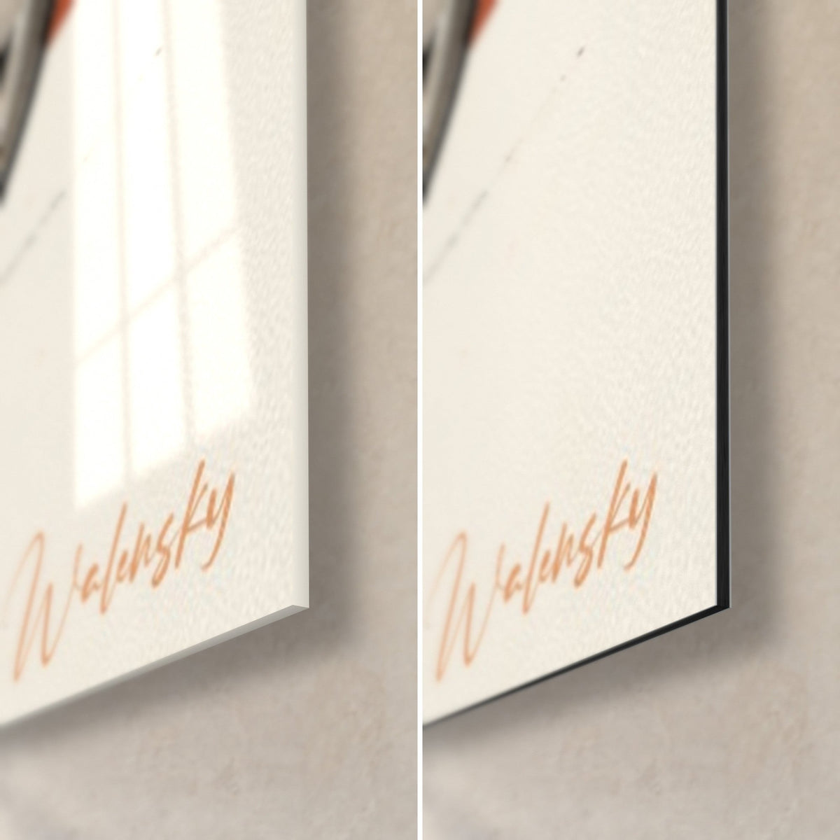 Tableau pilote de quad en élan, coin bas droit : signature orange Walensky, verre acrylique brillant à gauche, Dibond noir mat à droite