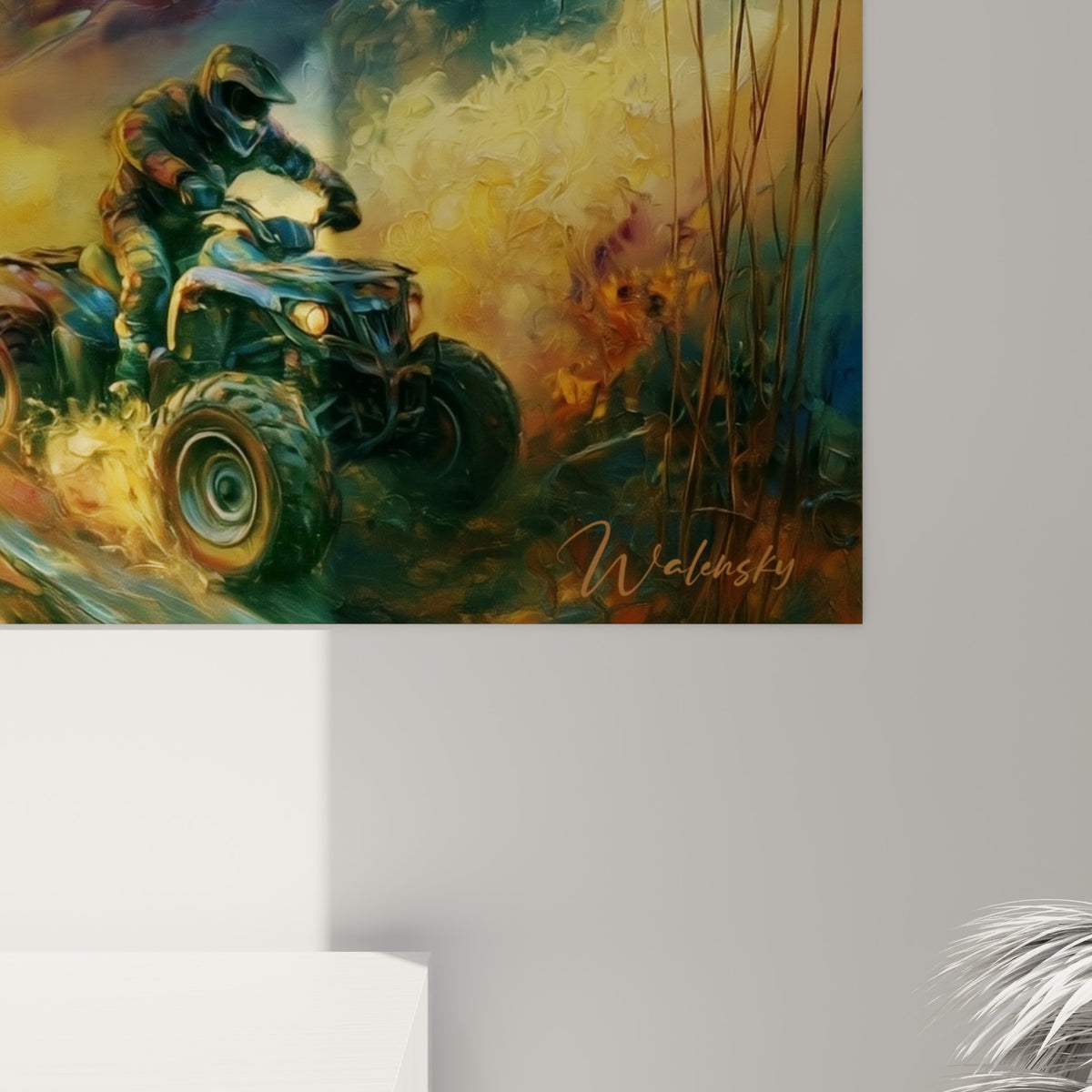 Empâtements épais révélant les nuances dorées et pourpres du tourbillon peint sur ce tableau quad