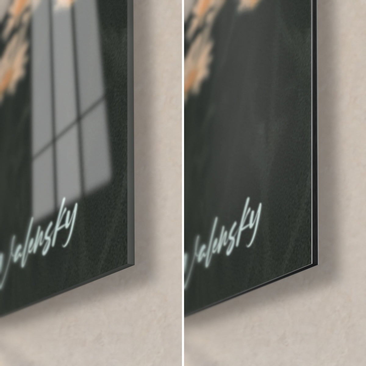Wall art man seated on a quad bike, white petals and deep green background, bottom right corner: glossy glass, matte Dibond, 3 mm edge