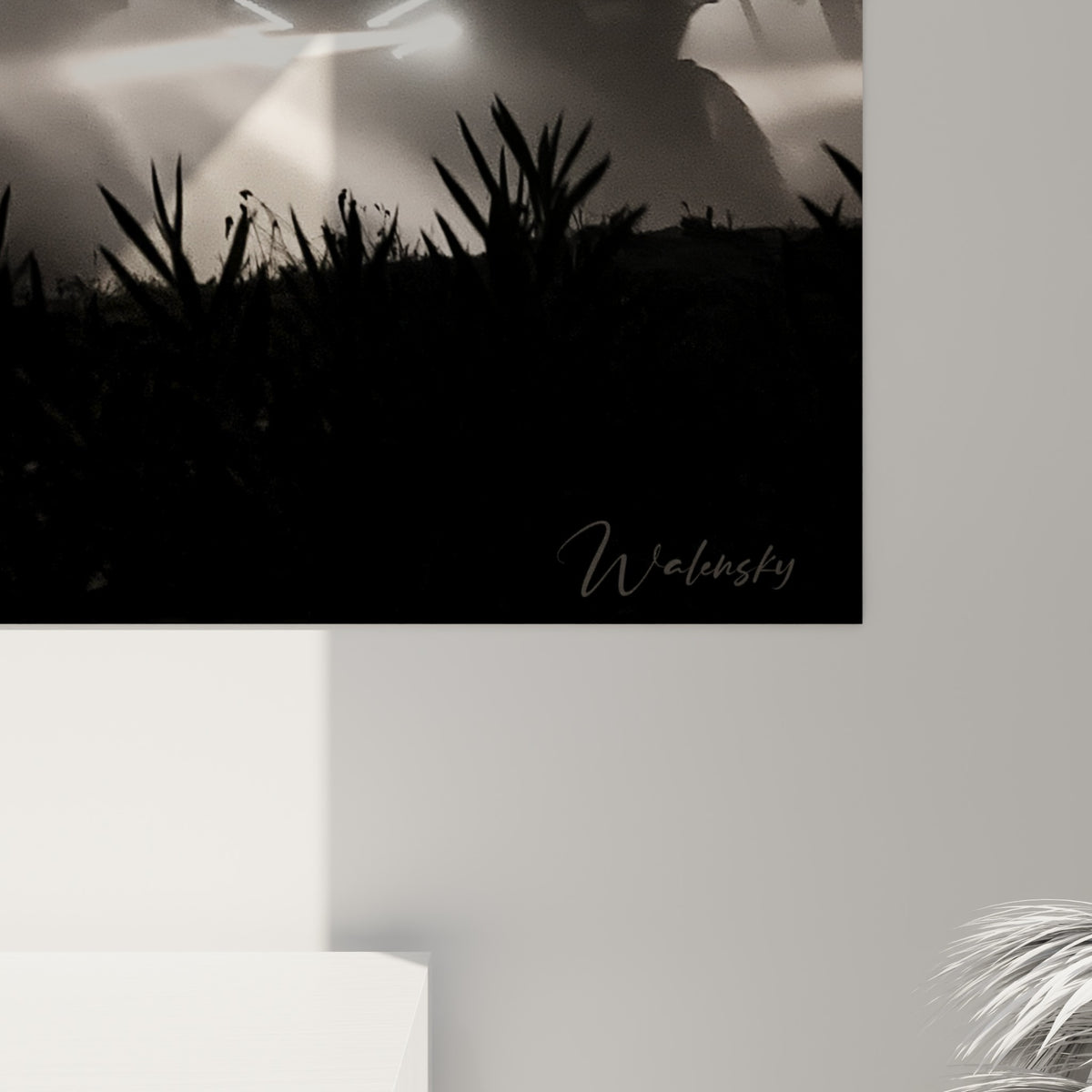 Grain photographique noir et blanc révélant les faisceaux lumineux et la poussière soulevée par les quads