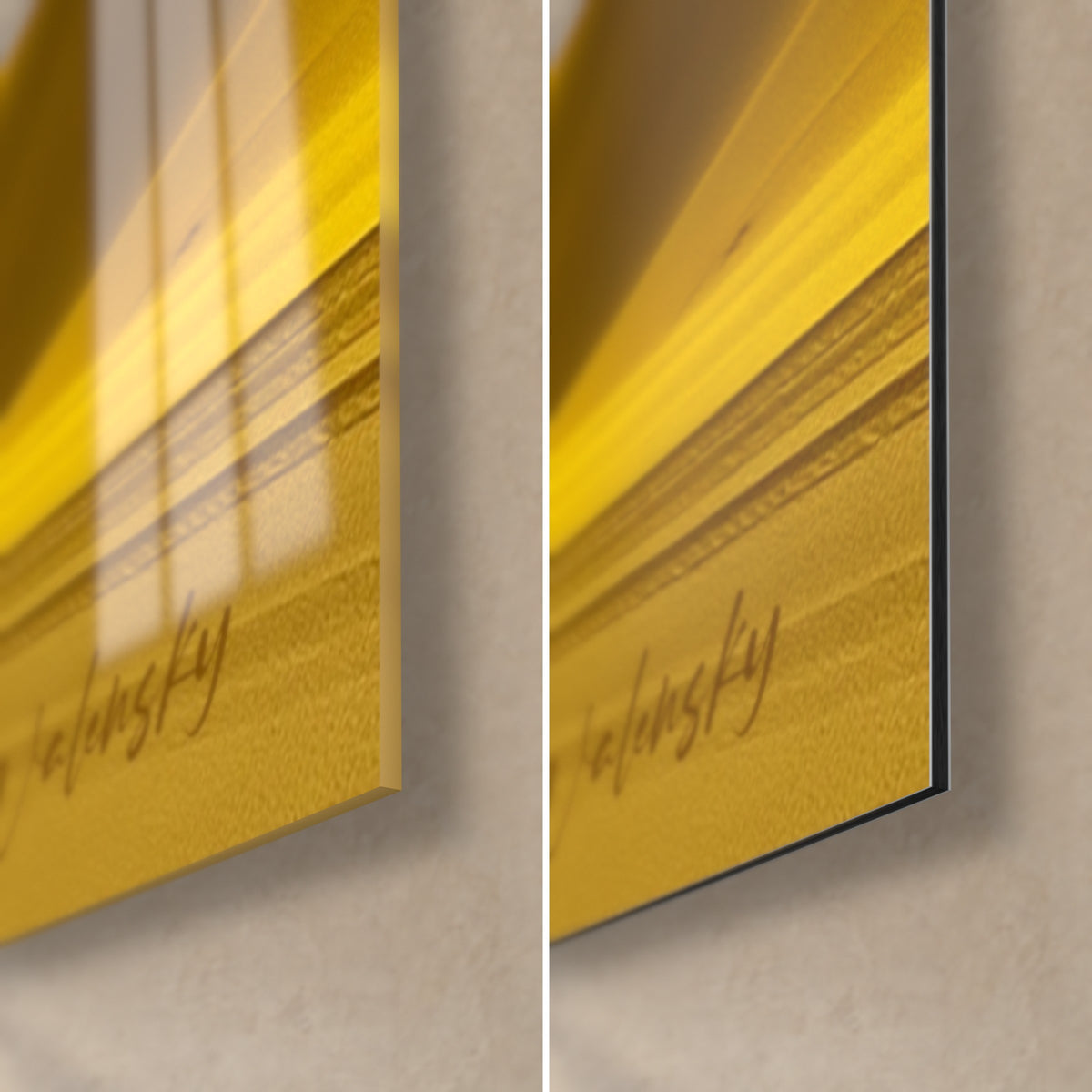 Wall art black and yellow off-road vehicles on golden sand, bottom right corner: glossy glass on the left, matte black Dibond on the right