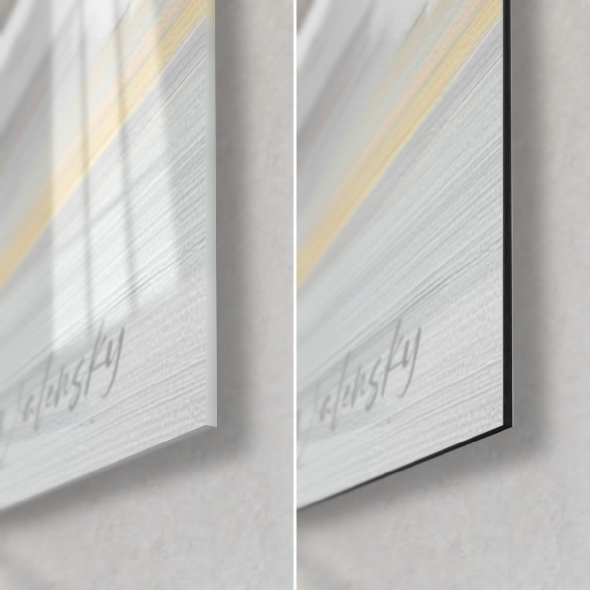 Wall art of a helmeted quad rider and pearl-grey snow, bottom right corner: glossy acrylic glass on the left, matte Dibond on the right
