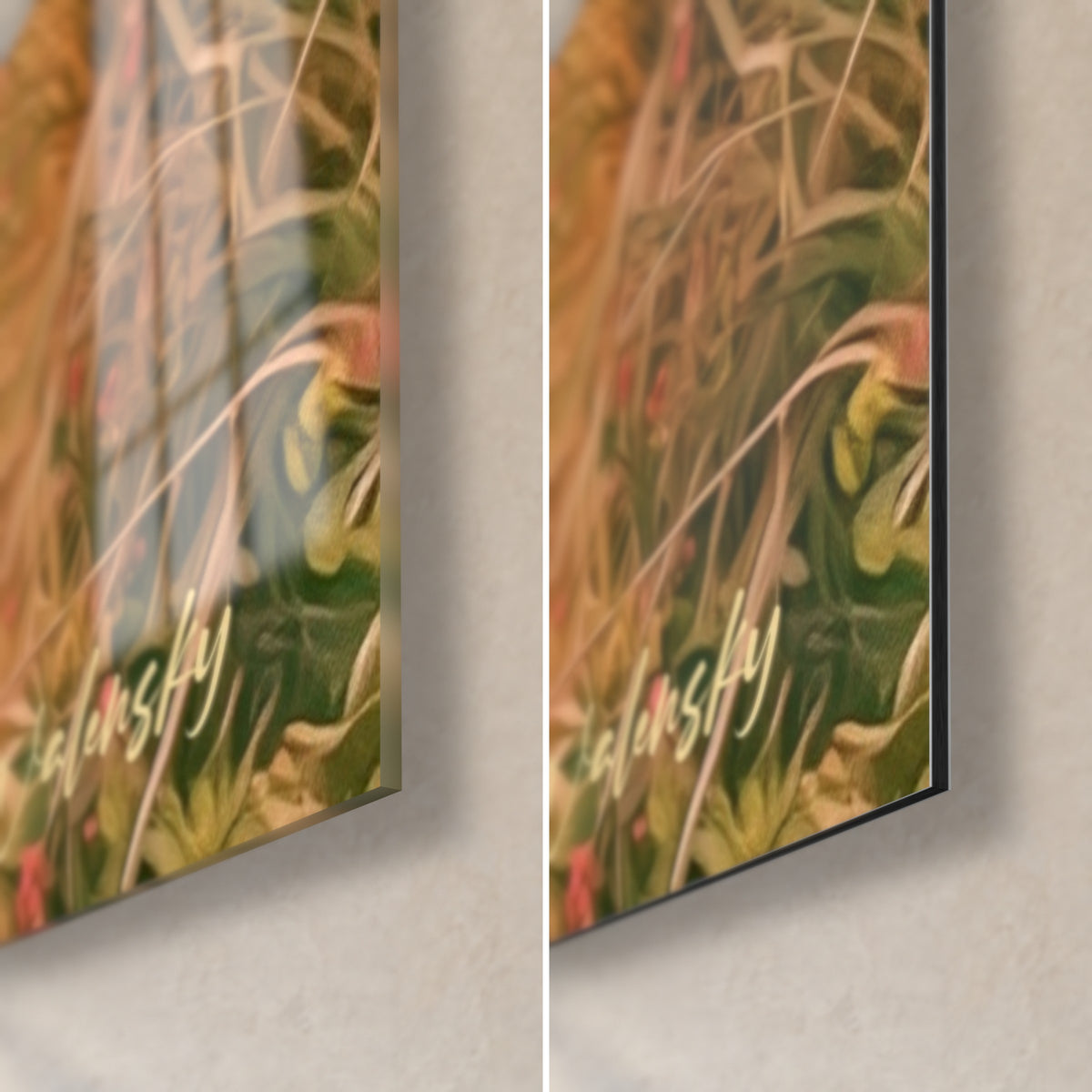 Wall art yellow off-road vehicles in golden grass, bottom right corner: glossy glass on the left, matte black Dibond on the right