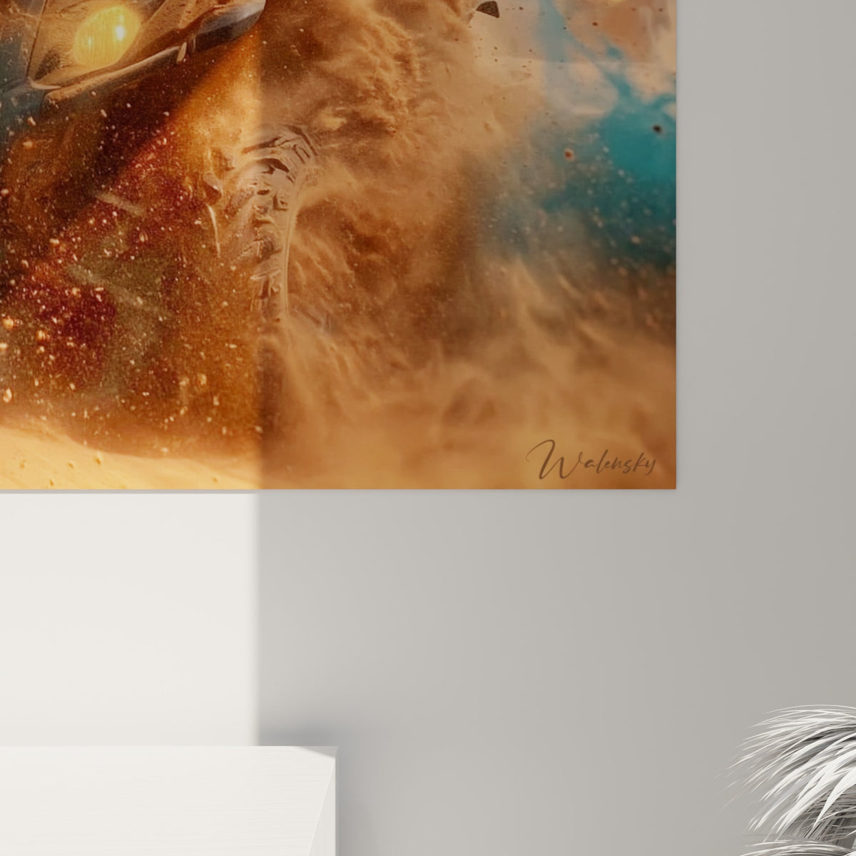 Grain de la toile révélant les éclats de sable terracotta et les coulures bleu pétrole du nuage de poussière