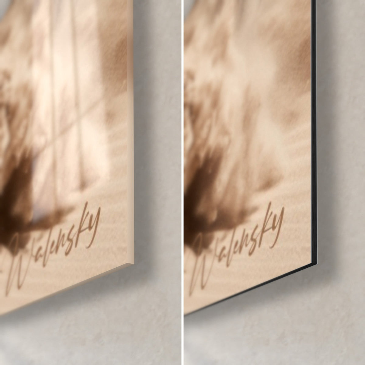 Wall art quad ridden through a turn, bottom right corner: glossy acrylic glass and matte brushed Dibond aluminium, beige sand, 3 mm edge