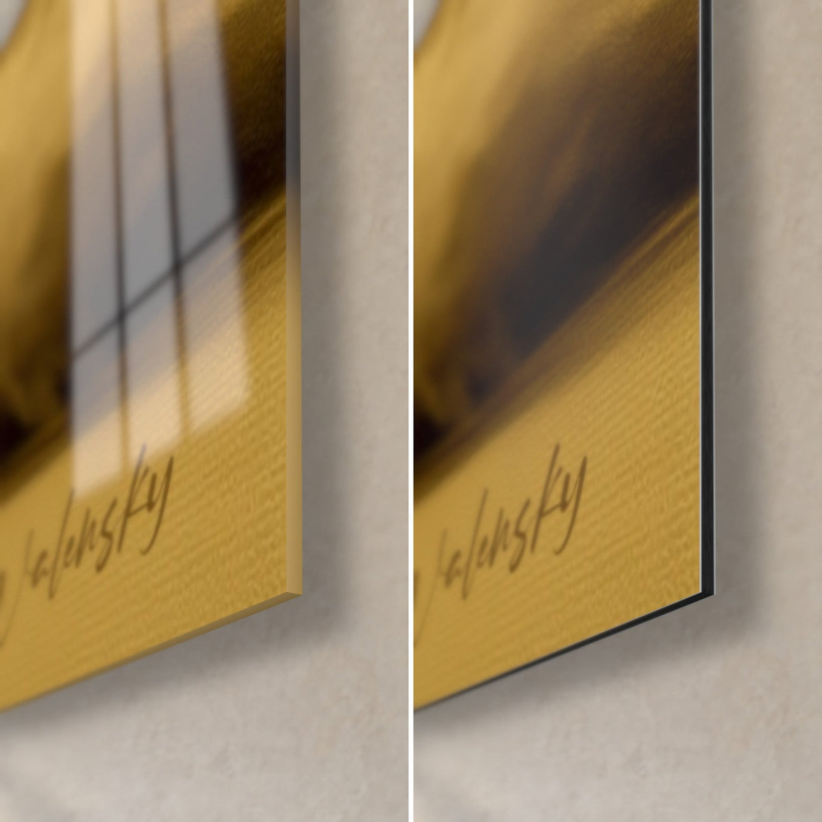 Wall art: Yellow buggy in the sand, bottom right corner: glossy acrylic glass with reflections and matt black Dibond, 3 mm edge visible