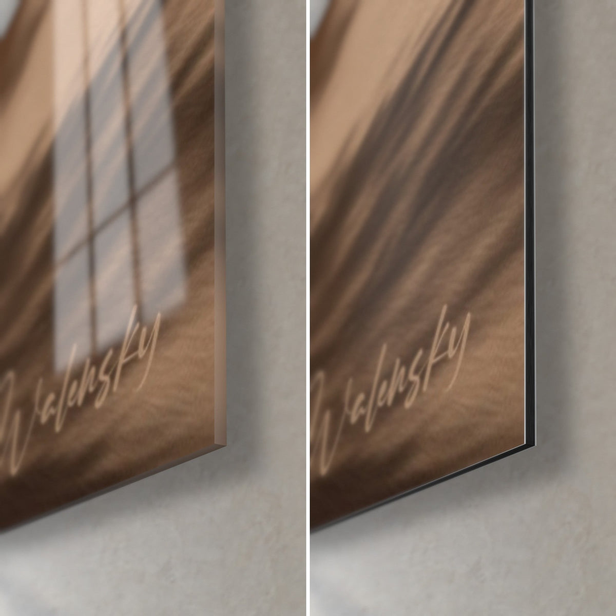 Gemälde eines roten Quads im Sand, untere rechte Ecke: glänzendes Acrylglas links, mattschwarzes Dibond rechts, 3 mm Kante