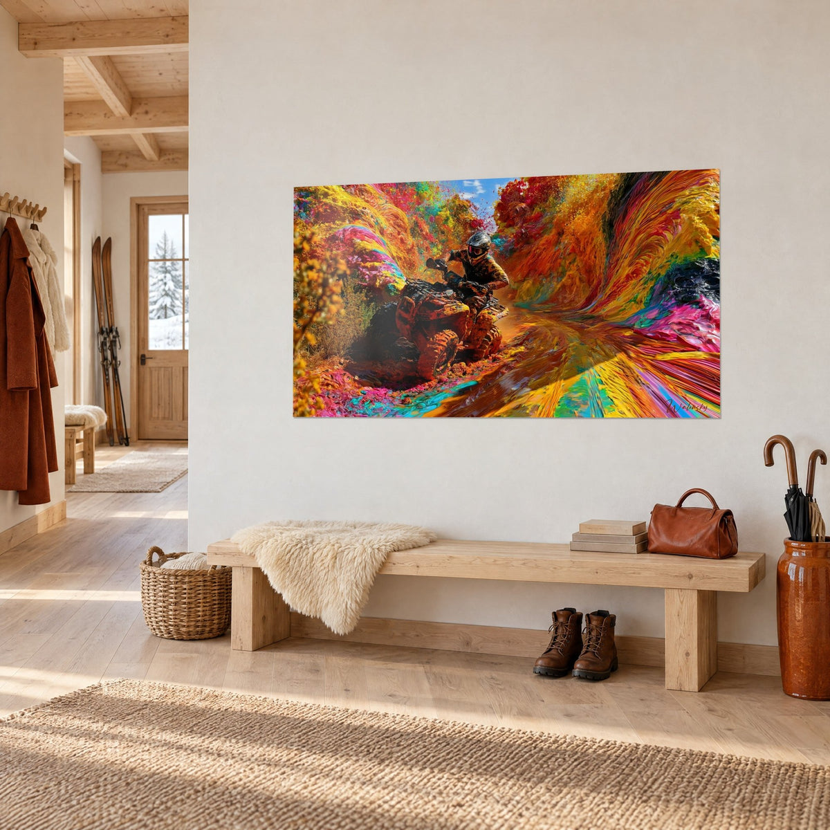 Wall art muddy off-road vehicle bursting out of a ravine of magenta and yellow waves, three-quarter view on a chalet wall