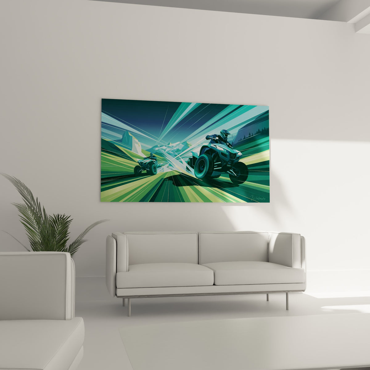 Course de quads turquoise et vert profond entre sommets enneigés, au-dessus d'un canapé dans un salon lumineux