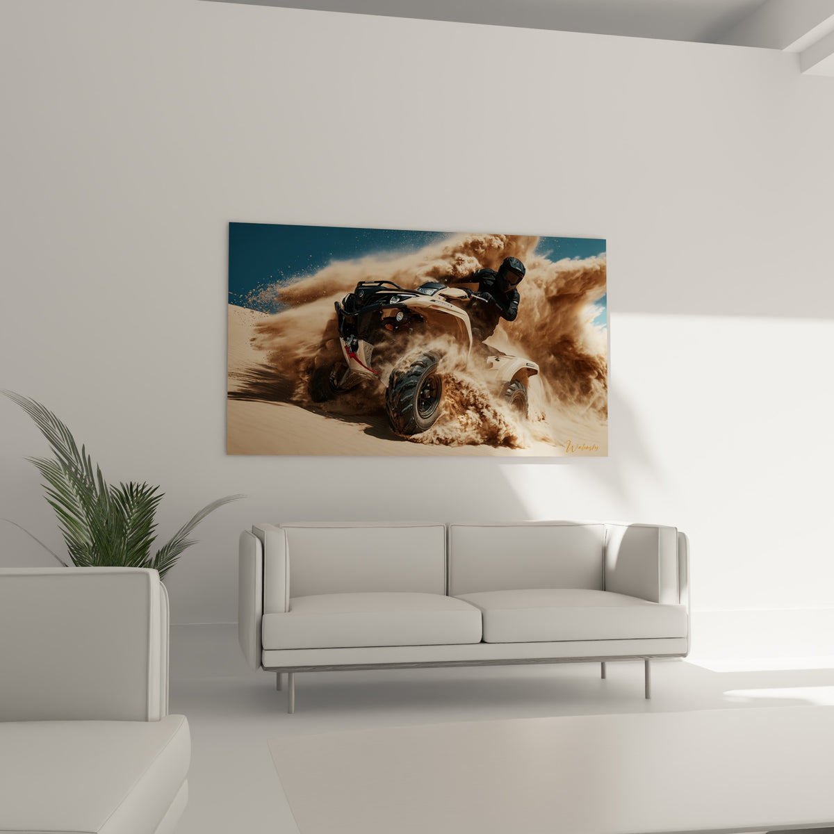 Nuage de poussière dorée entourant un quad beige en action, au-dessus d'un canapé dans un salon lumineux