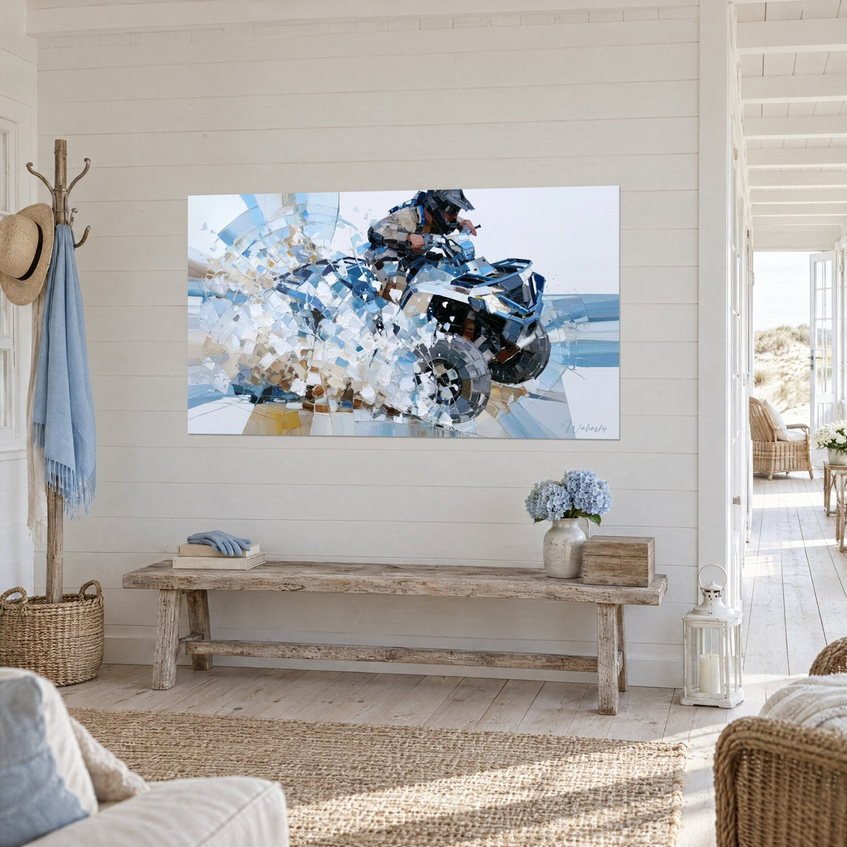 Wall art off-road vehicle bursting through a spray of sky blue and cream foam, white wooden wall, three-quarter view, seaside