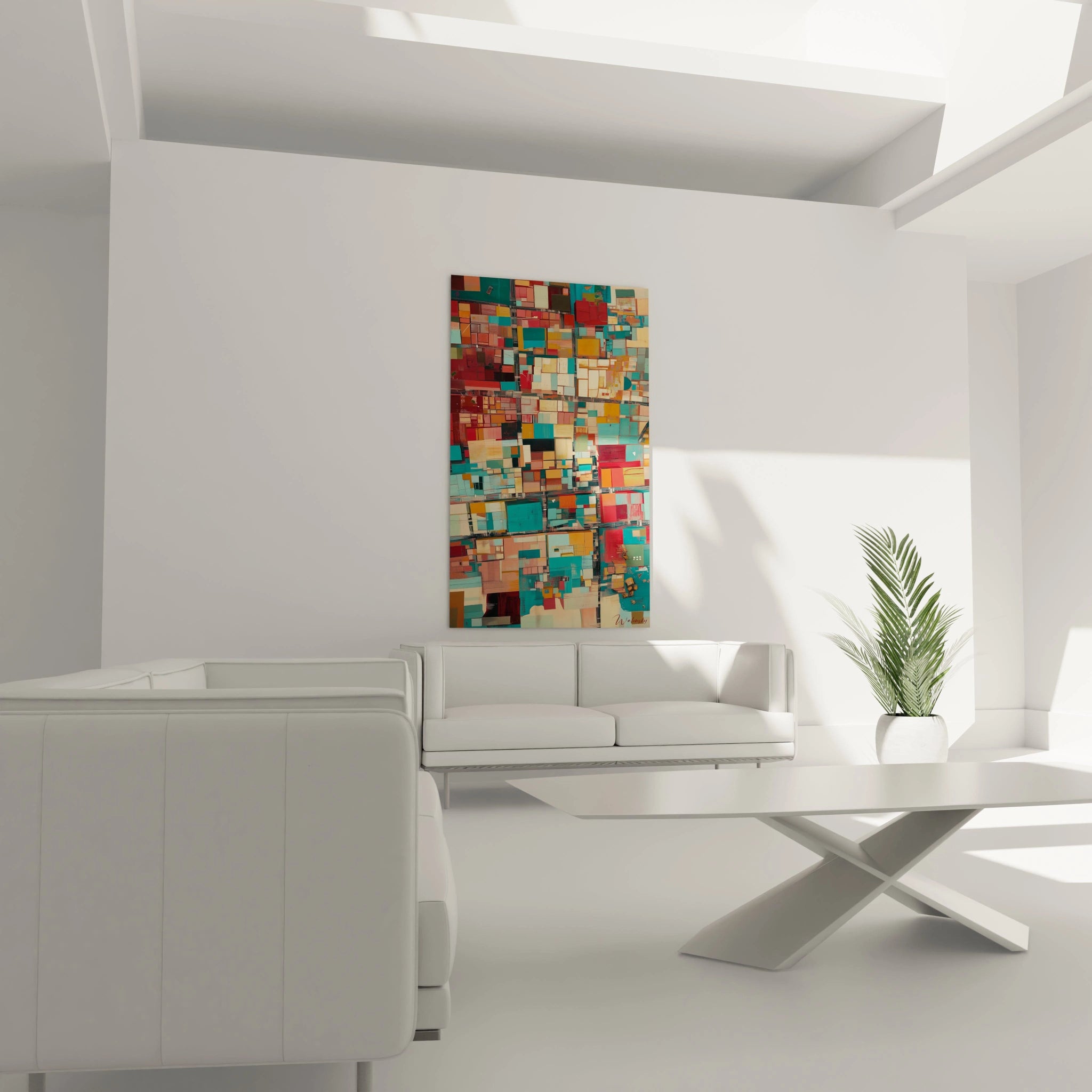 Tableau cubisme abstrait Walensky avec couleurs vives dans un intérieur moderne