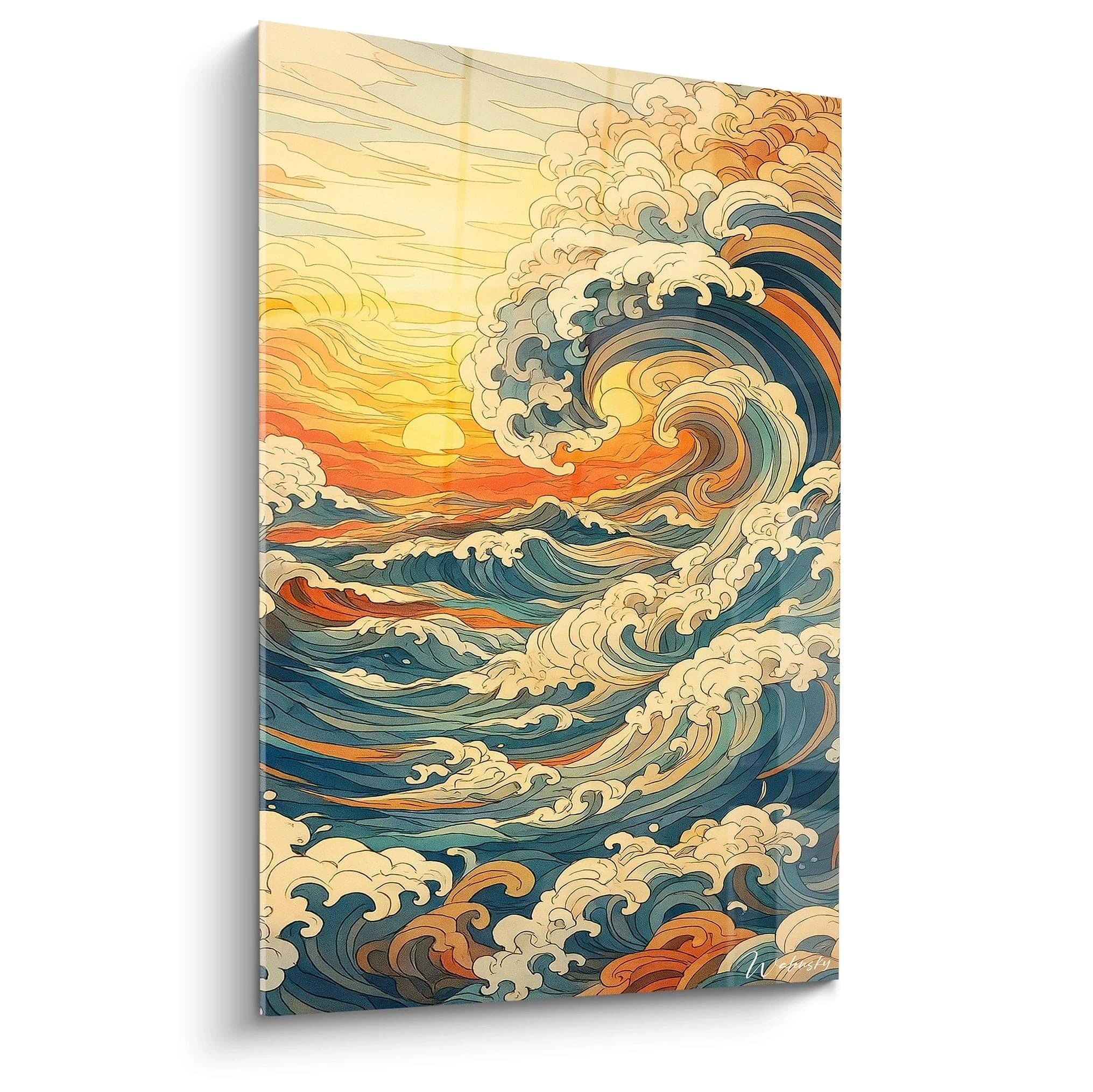 Un tableau vague japonaise aux courbes fluides et dynamiques représentant une grande vague bleue s'élevant majestueusement devant un coucher de soleil orange. Les teintes de bleu, orange et beige créent un contraste saisissant dans cette composition inspirée de l'art traditionnel japonais.