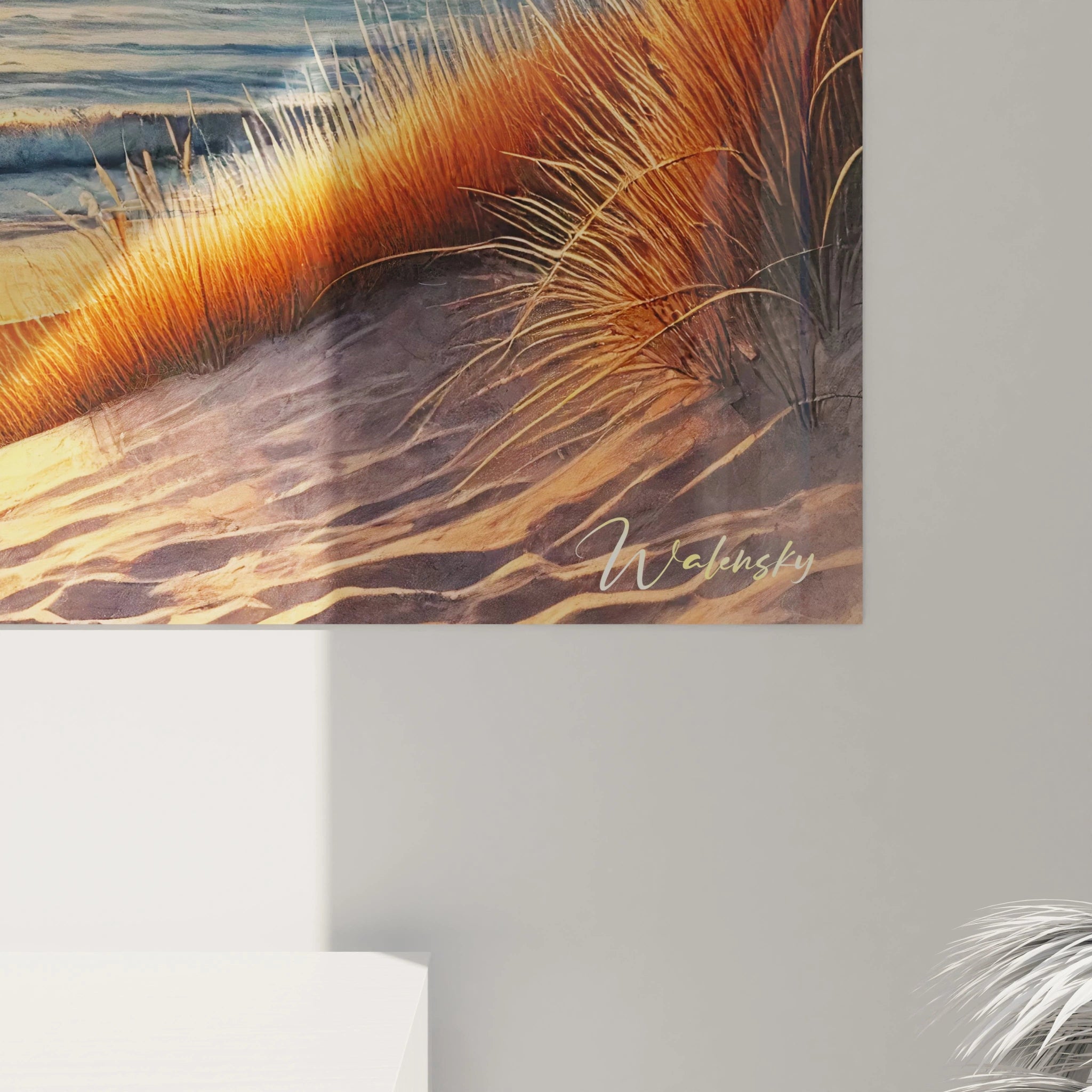 Admirez de près le tableau plage, révélant les détails minutieux des herbes et des reflets de la mer. Une invitation à la tranquillité et à l'évasion vers des paysages apaisants.