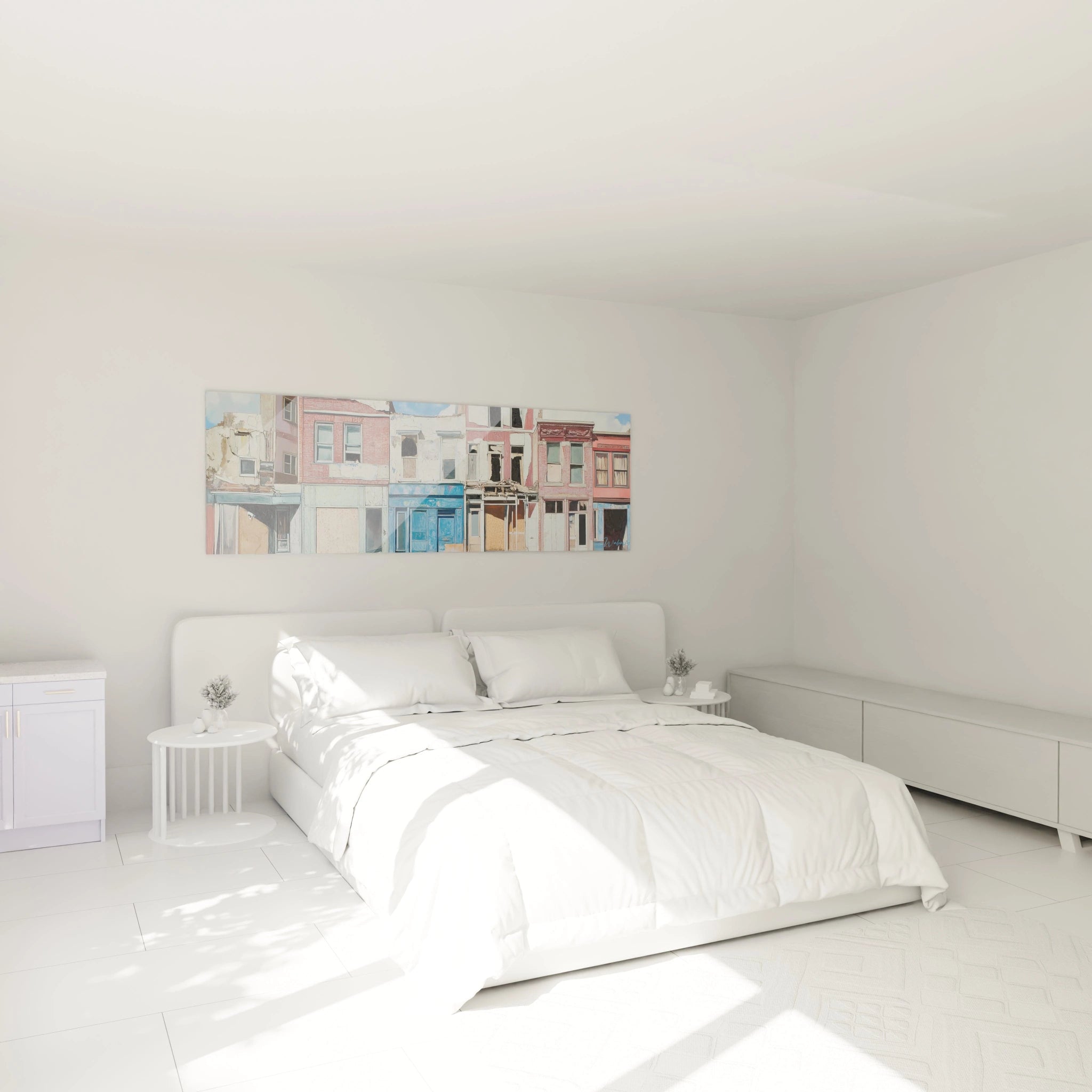 Un tableau façades urbaines panoramique montrant une série de bâtiments aux couleurs délavées, alternant rose, bleu et vert pâle, avec des détails architecturaux minutieux révélant l'usure du temps à travers textures craquelées et vitrines condamnées.