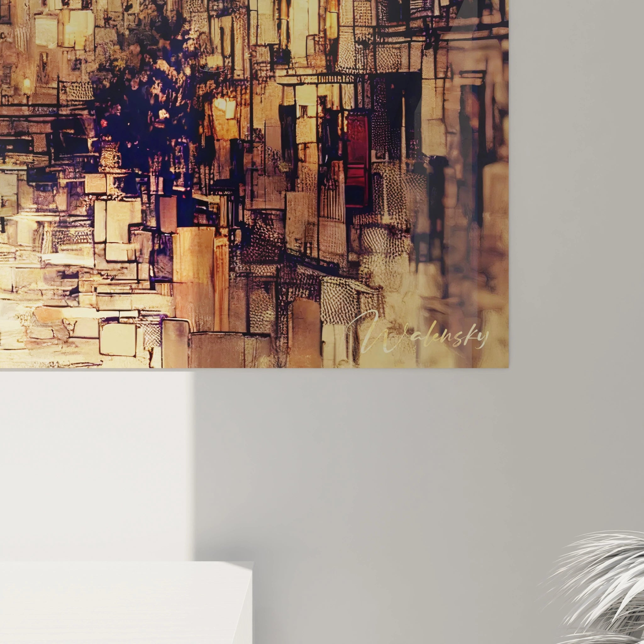 Vue rapprochée tableau Quartier Latin révèle des textures riches et des détails fragmentés, mélangeant mosaïques modernes et touches impressionnistes pour un rendu vibrant.