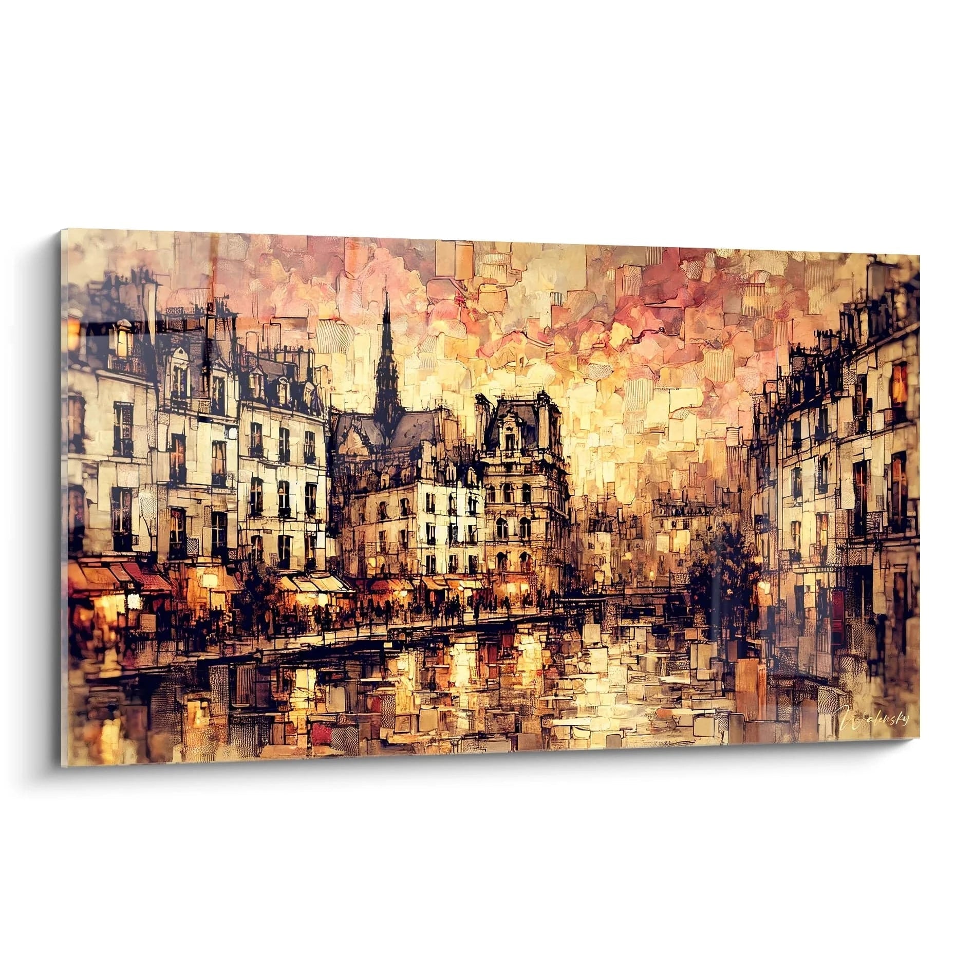 tableau Quartier Latin vu de biais dévoile des façades dorées baignées de lumière, des rues animées, et des reflets qui capturent l’âme d’un Paris vibrant et nostalgique.