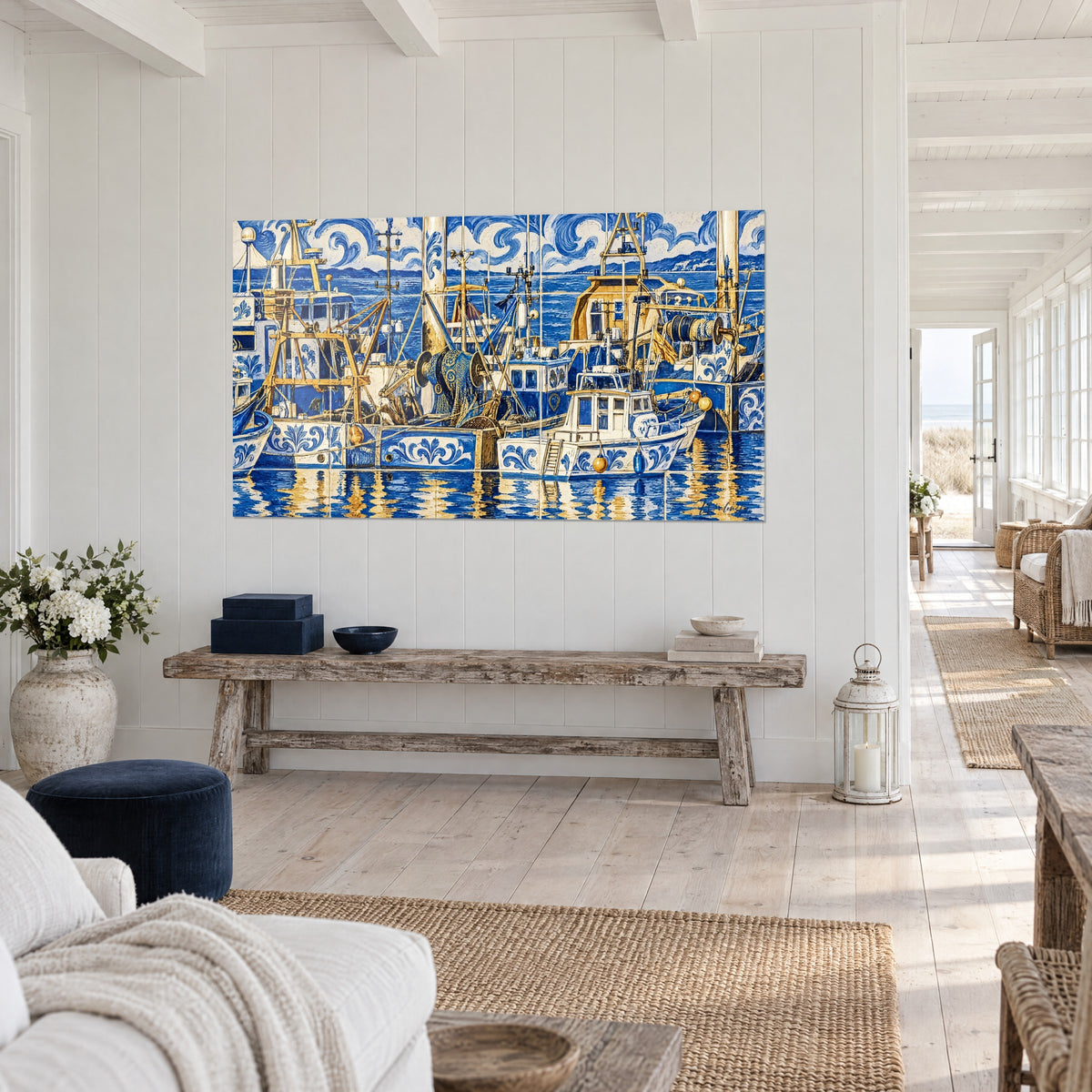 Gemälde Fischerflotte in Blau und Gold, weiße Arabesken auf den Rümpfen, Dreiviertelansicht in einem Haus am Meer