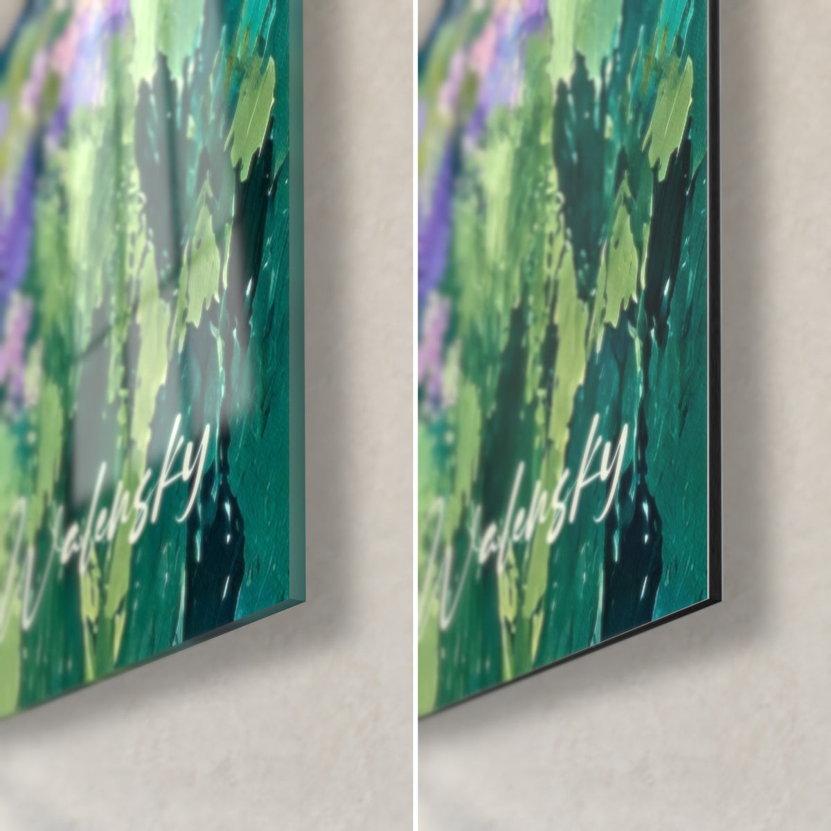 Gemälde Klippe in Smaragdgrün und Graugrün, untere rechte Ecke, glänzendes Acrylglas links, mattes Dibond rechts