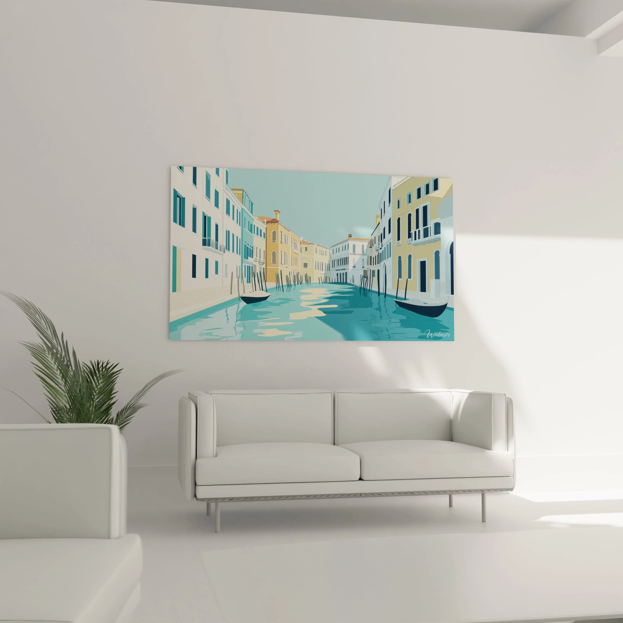 Un tableau contemporain illustrant les canaux de Venise avec une palette de couleurs vives dominée par le turquoise de l'eau, le jaune pâle et le blanc des bâtiments, et le noir des gondoles traditionnelles dans une composition symétrique.