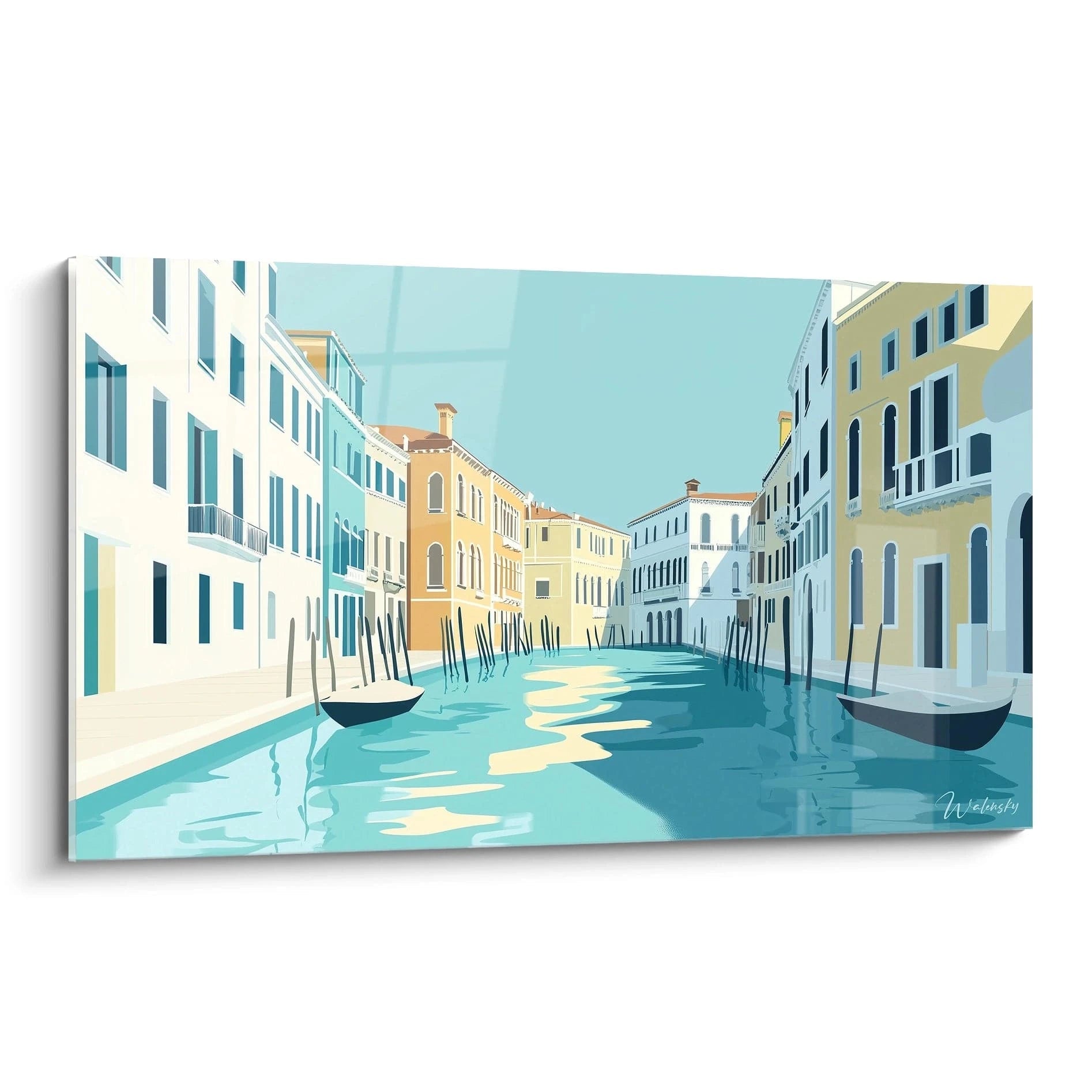 Un tableau artistique représentant un canal vénitien aux eaux turquoise, bordé de bâtiments aux façades jaunes, blanches et ocre, avec quelques gondoles noires flottant sur l'eau calme et un ciel bleu clair en arrière-plan.