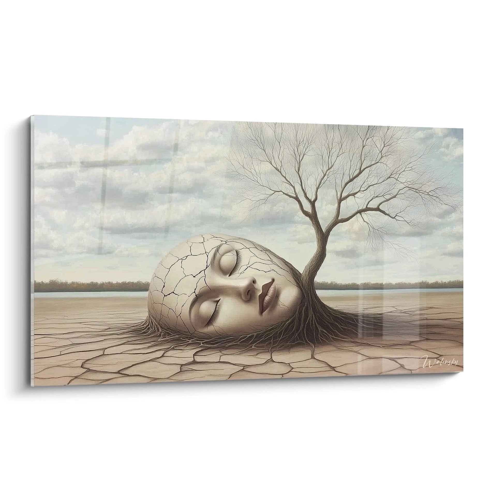 Un tableau surréalisme abstrait représentant un visage fissuré endormi, avec un arbre émergeant, dans des tons beige, marron, et bleu clair, sur un fond de sol craquelé.