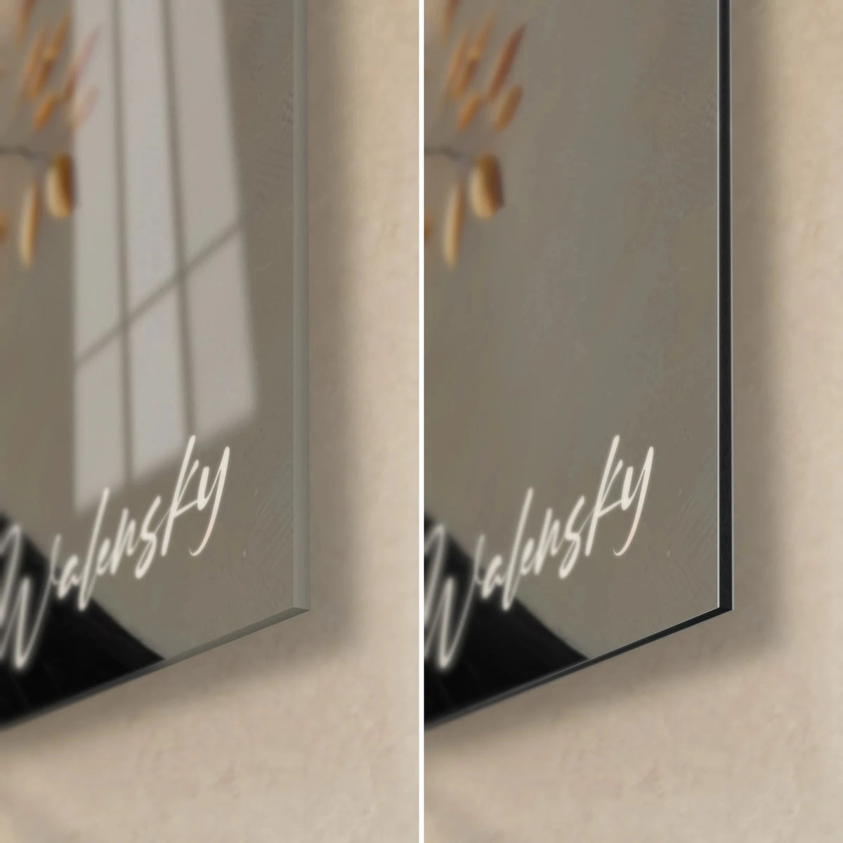 Tableau arbre doré, coin bas droit : verre acrylique brillant reflétant la fenêtre, alu Dibond mat noir, tranche de 3 mm