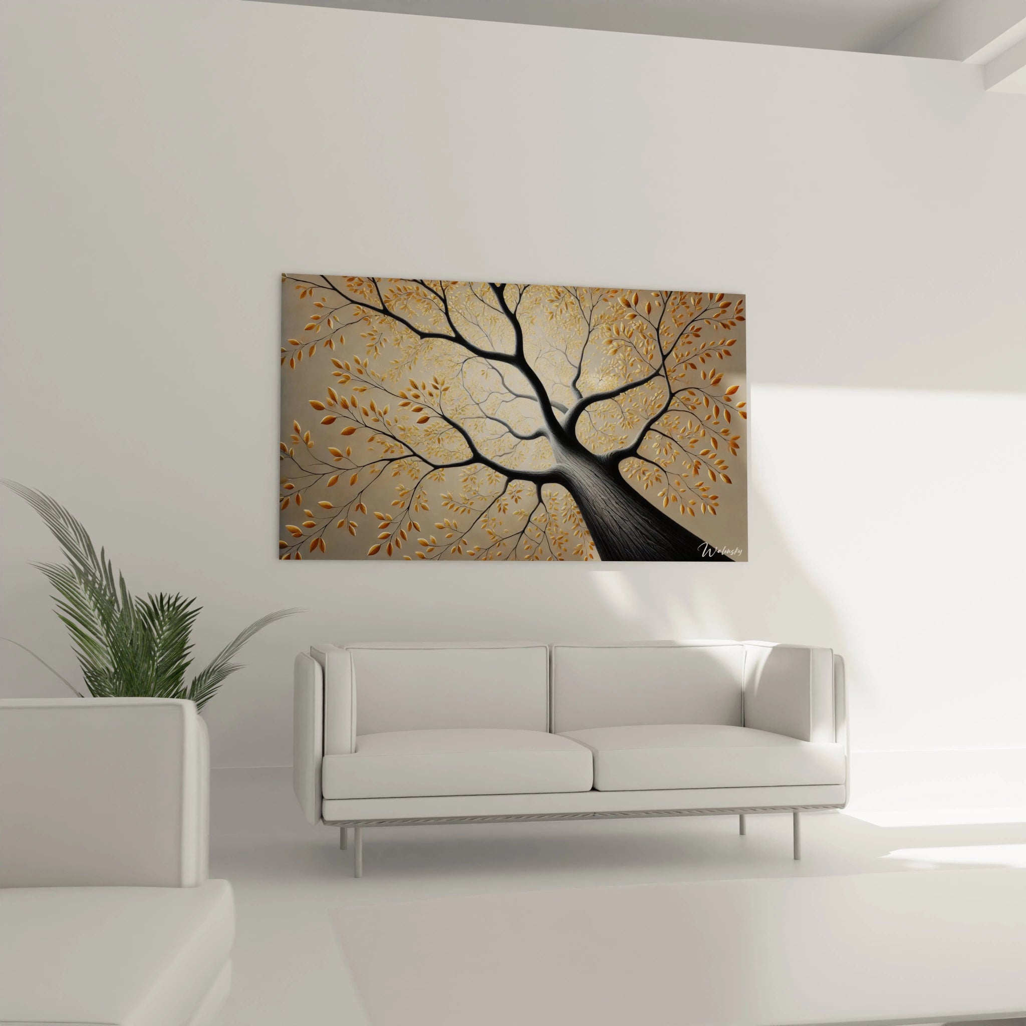 Tableau Arbre au-dessus du canapé dans le salon apporte une touche de lumière et de sérénité avec ses branches dorées et son style contemporain
