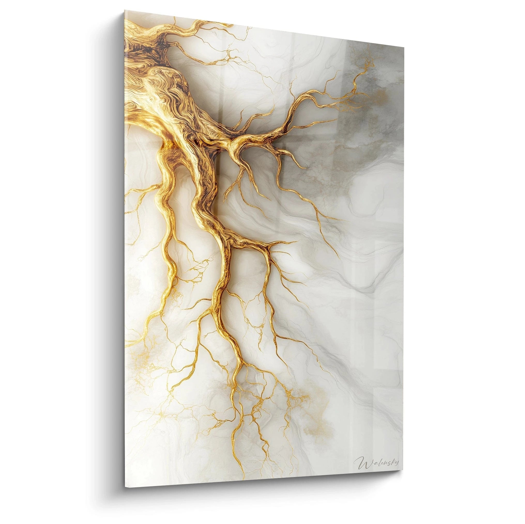 Tableau moderne abstrait en or et blanc avec des branches élégantes et un design artistique