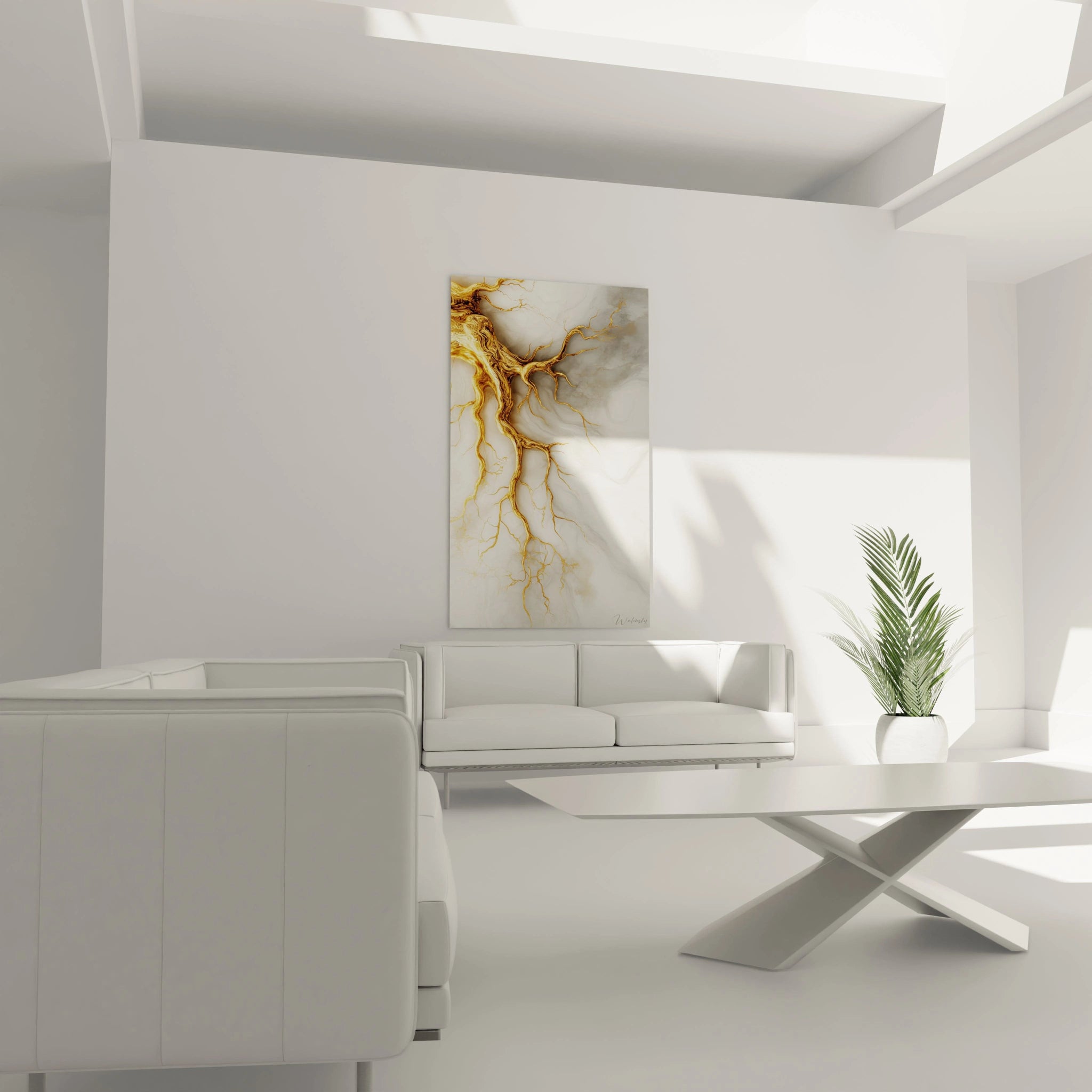 Tableau moderne abstrait Walensky avec des motifs dorés sur fond clair pour une décoration élégante