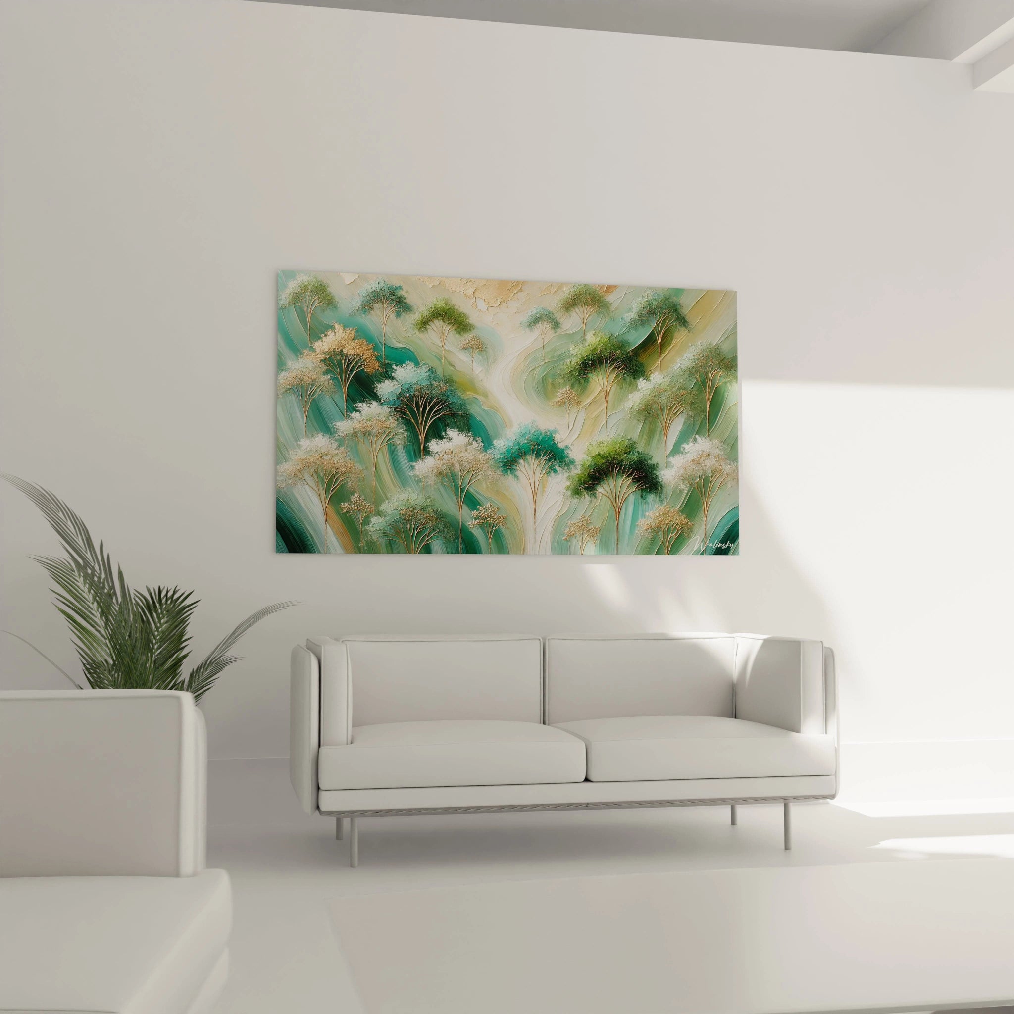 Dans un salon, ce tableau arbre apporte une touche naturelle et contemporaine au-dessus du canape. Les textures et couleurs apaisantes inspirent calme et connexion avec la nature.