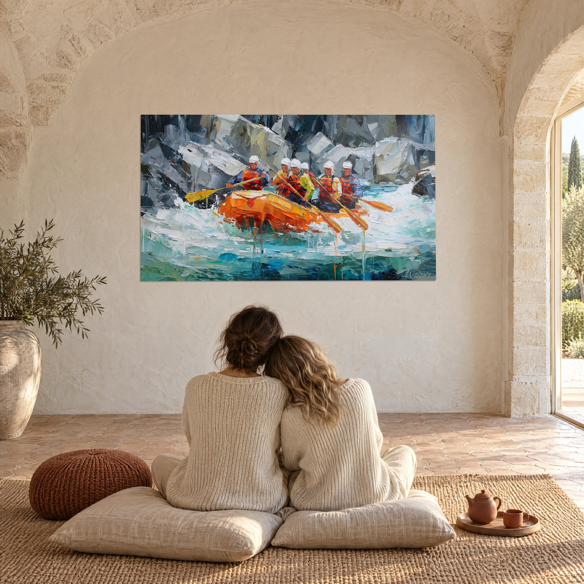 Πίνακας αποστολή rafting, πορτοκαλί κύτος και κίτρινα κουπιά πάνω σε αφρό ιβουάρ και τυρκουάζ, μεγάλος θόλος από πέτρα