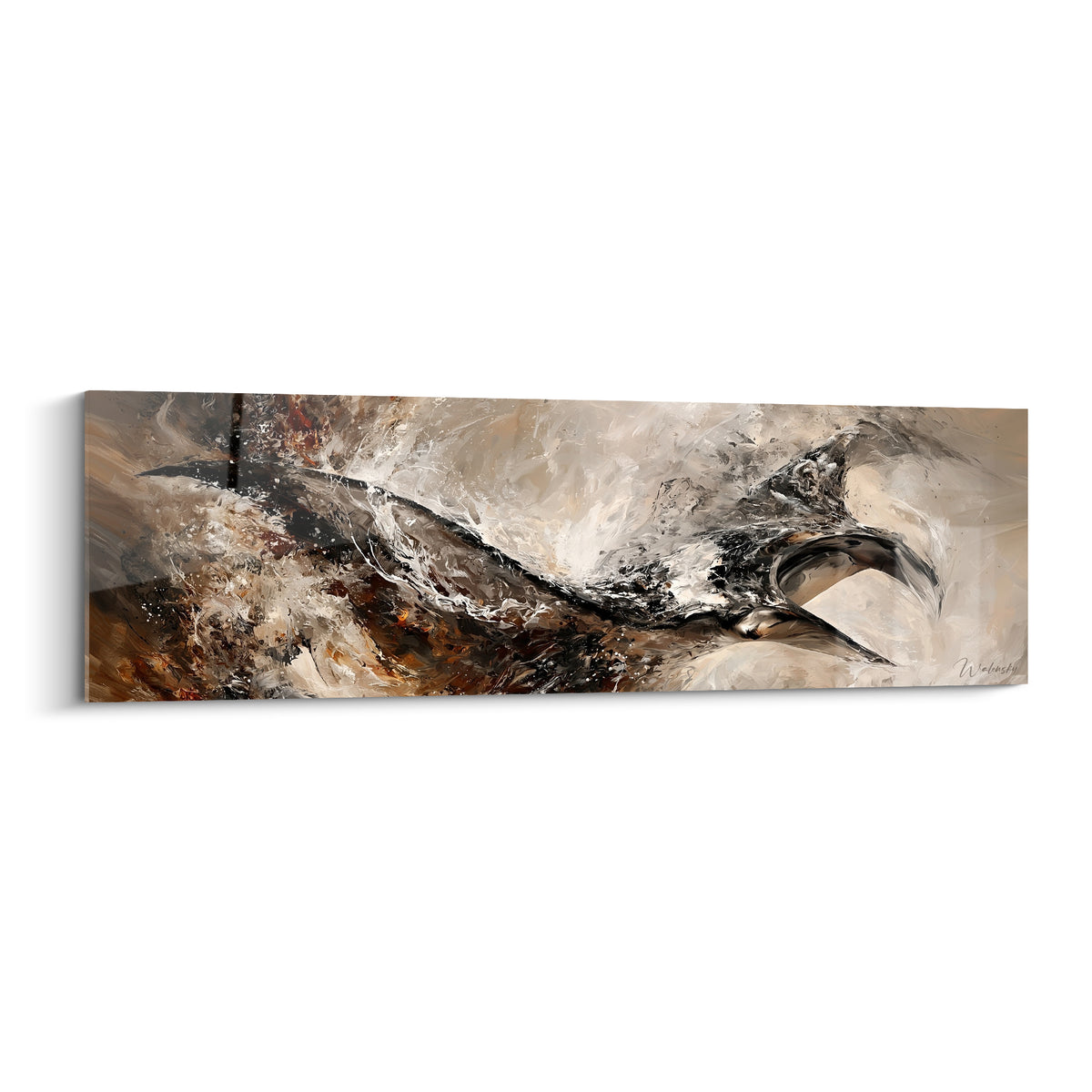 Raie manta anthracite et terracotta filant dans une composition abstraite aux éclats blancs marins