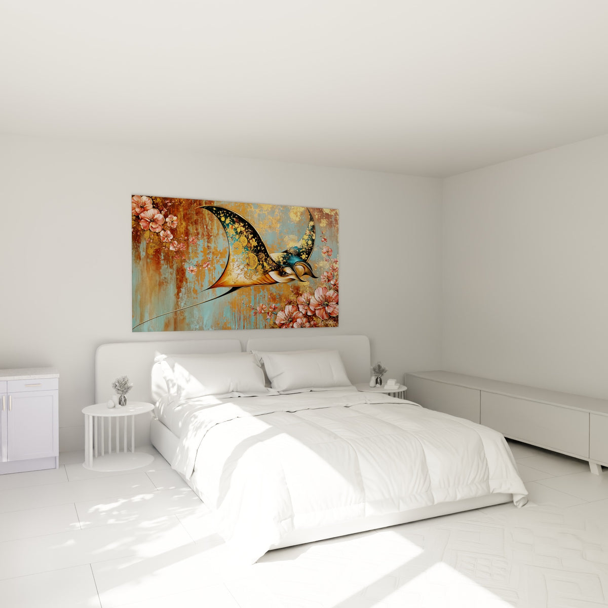 Raie manta bleu nuit et ocre ornée de motifs dorés, accrochée au-dessus d'un lit dans une chambre claire