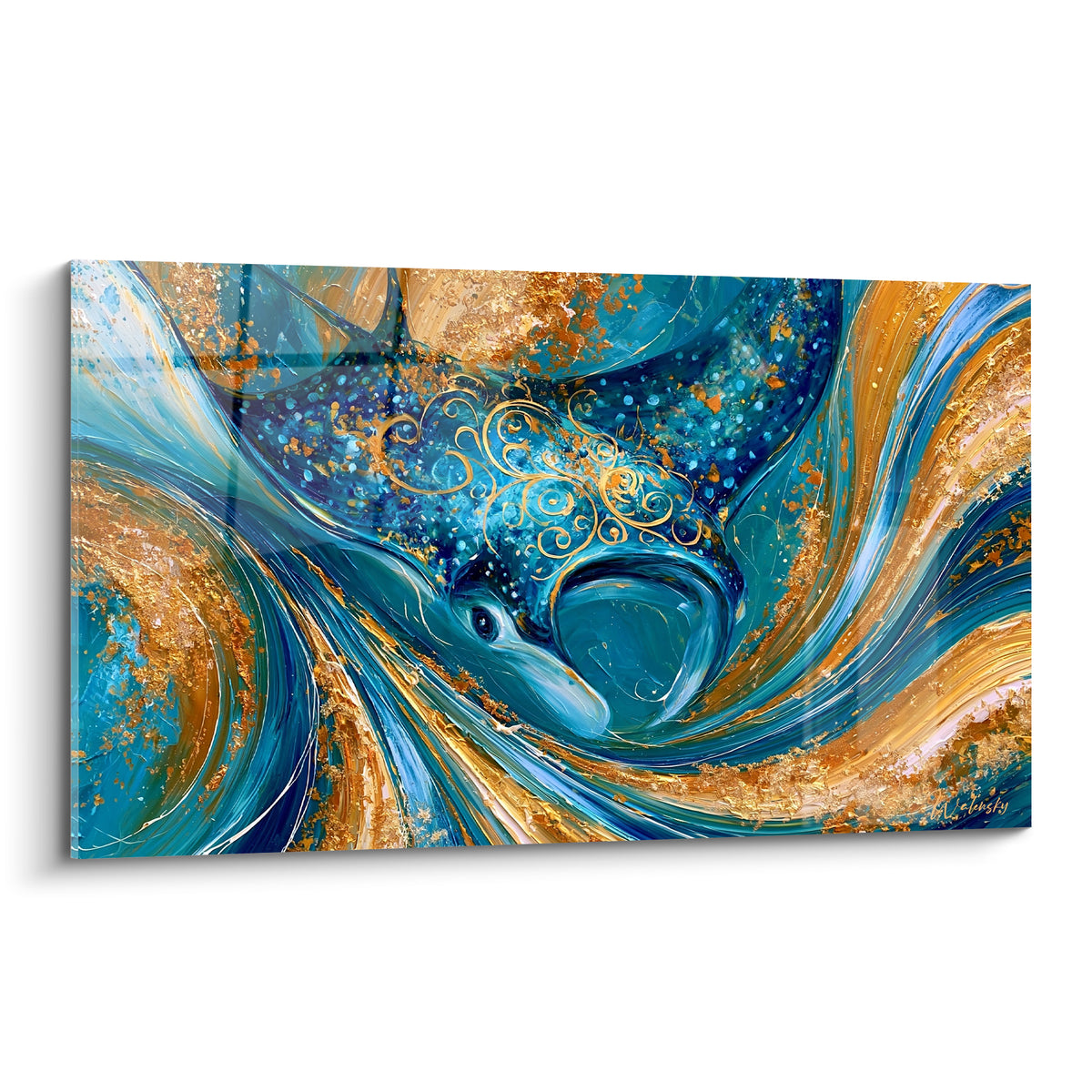 Raie manta bleu turquoise et doré en mouvement tourbillonnant, style peinture abstraite