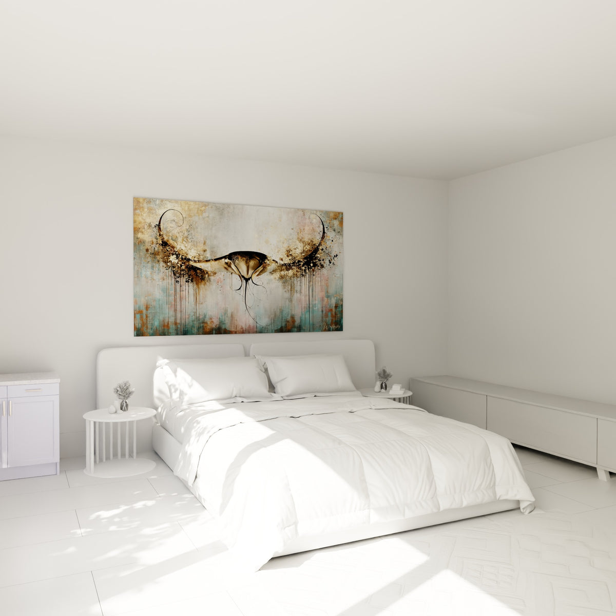 Silhouette de raie manta bronze et anthracite flottant au-dessus d'un lit dans une chambre claire