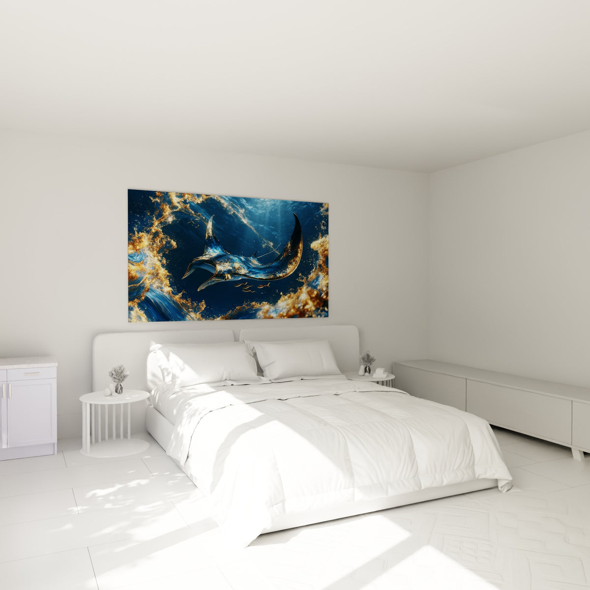 Silhouette de raie manta bleue et dorée au-dessus d'un lit dans une chambre claire