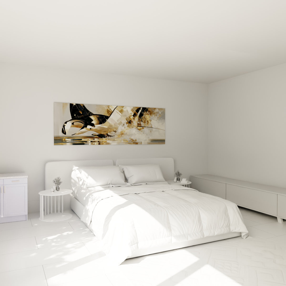 Silhouette d'une raie manta dorée en plein mouvement, accrochée au-dessus d'un lit dans une chambre claire