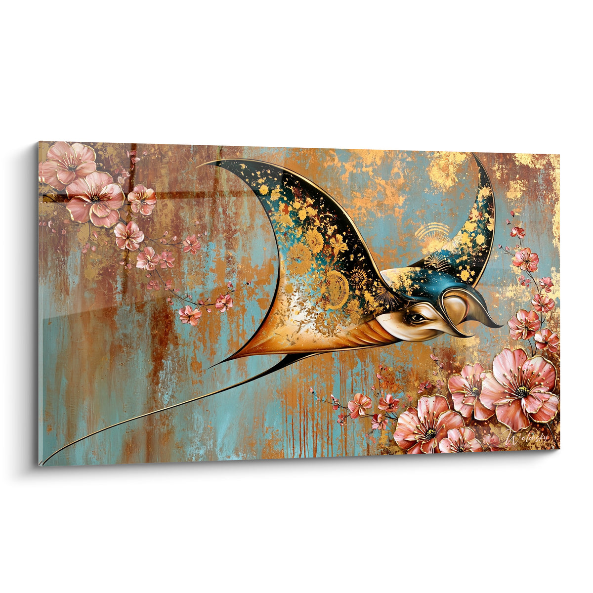 Raie manta dorée et bleue nageant parmi des fleurs de cerisier roses sur fond patiné turquoise et cuivré