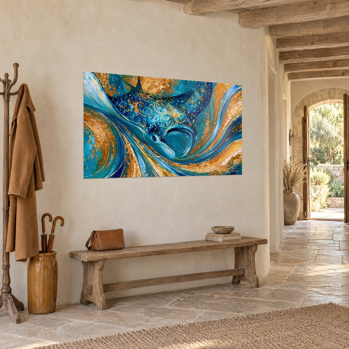 Motifs dorés en filigrane sur fond turquoise de la raie manta au-dessus d'un canapé dans un salon lumineux