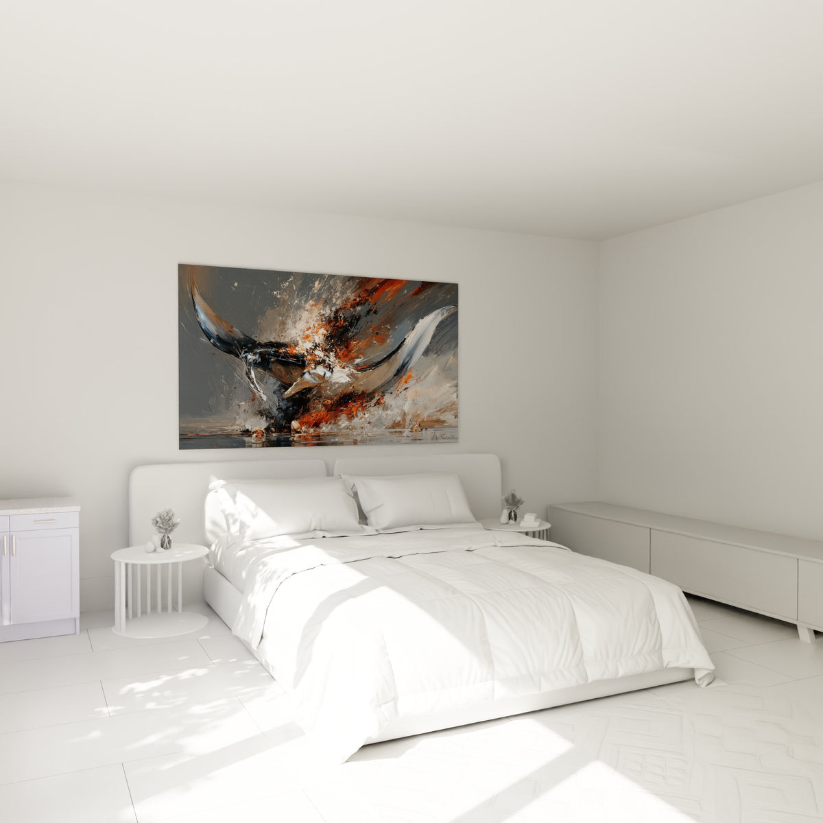 Raie manta grise aux nuances orangées déployée au-dessus d'un lit dans une chambre claire