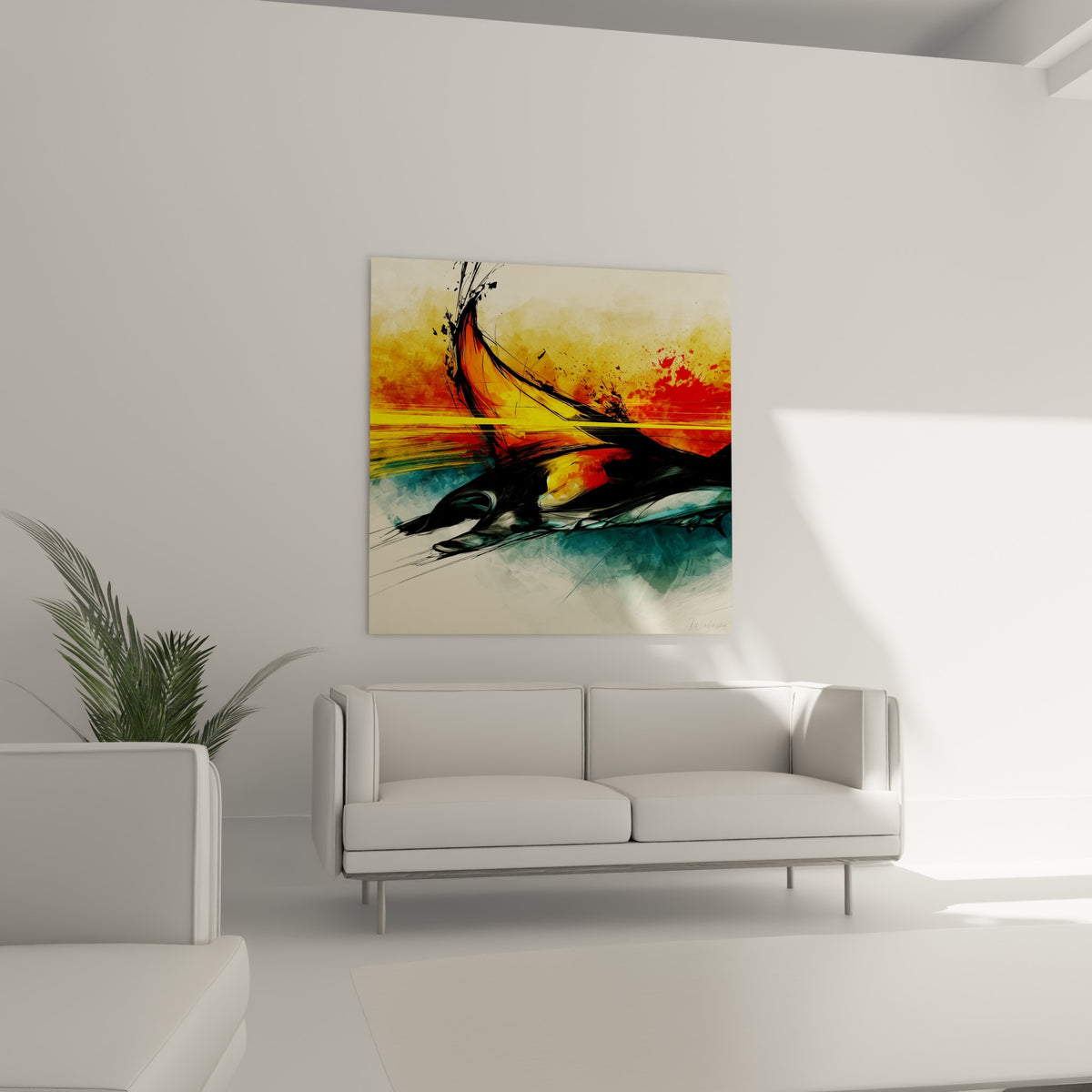 Élan de la raie manta orangée et jaune vif installé au-dessus d'un canapé dans un salon lumineux