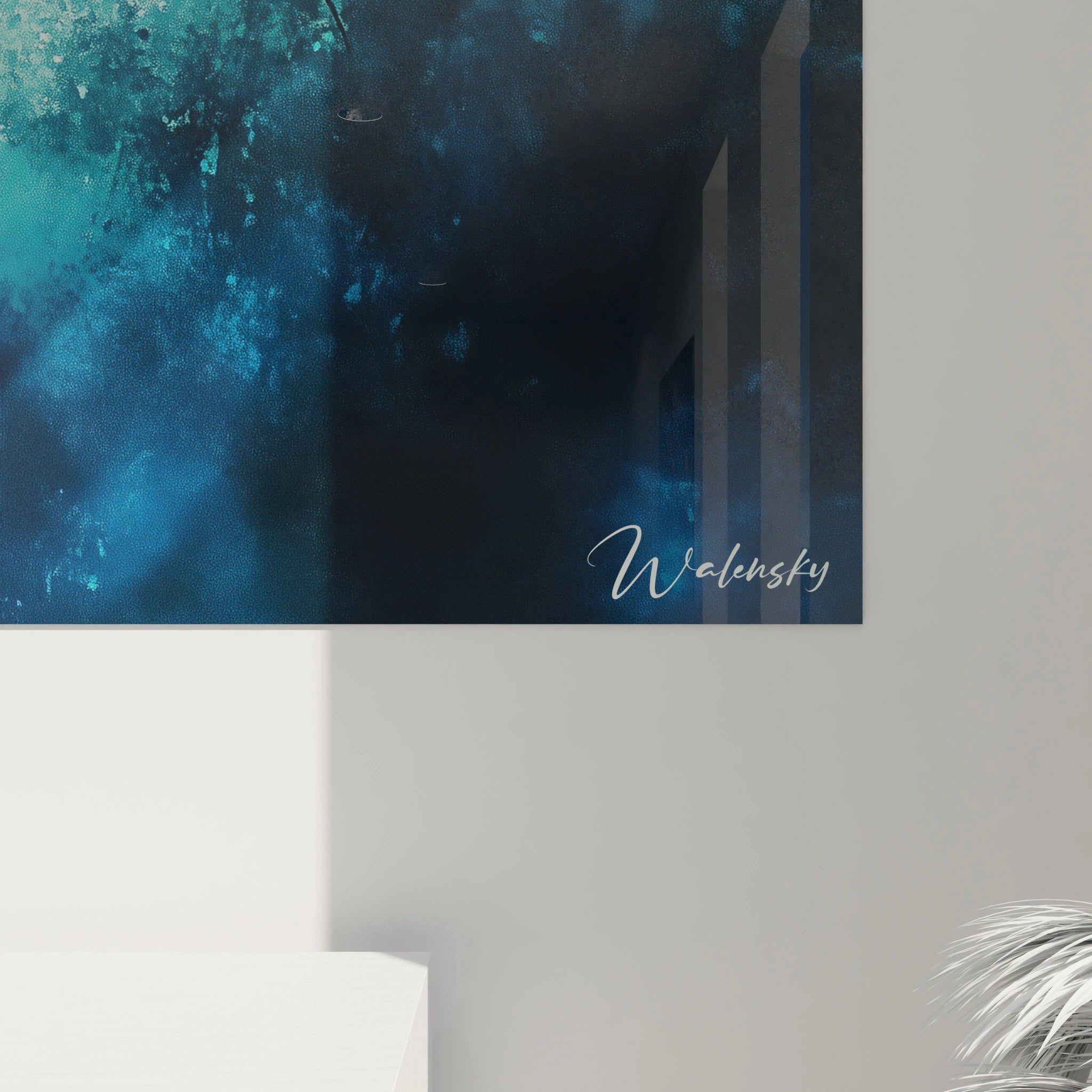 Un tableau raie manta illustrant la nage synchronisée de deux raies aux contours définis, naviguant à travers un arrière-plan bleu dégradé ponctué d'éclaboussures blanches et de textures nuageuses évoquant les courants et particules en suspension dans l'océan.